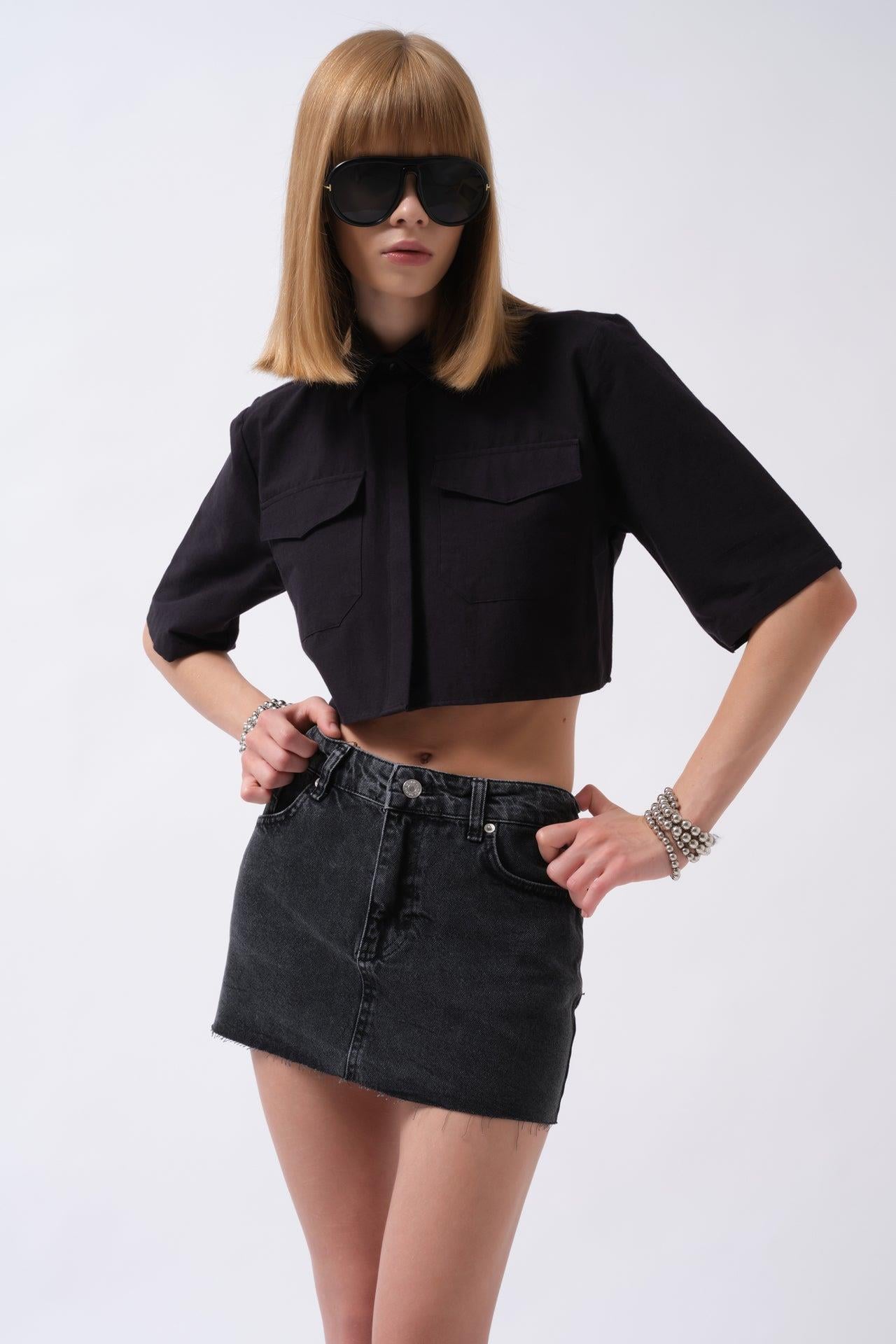 Lazer Kesim Denim Mini Siyah Etek
