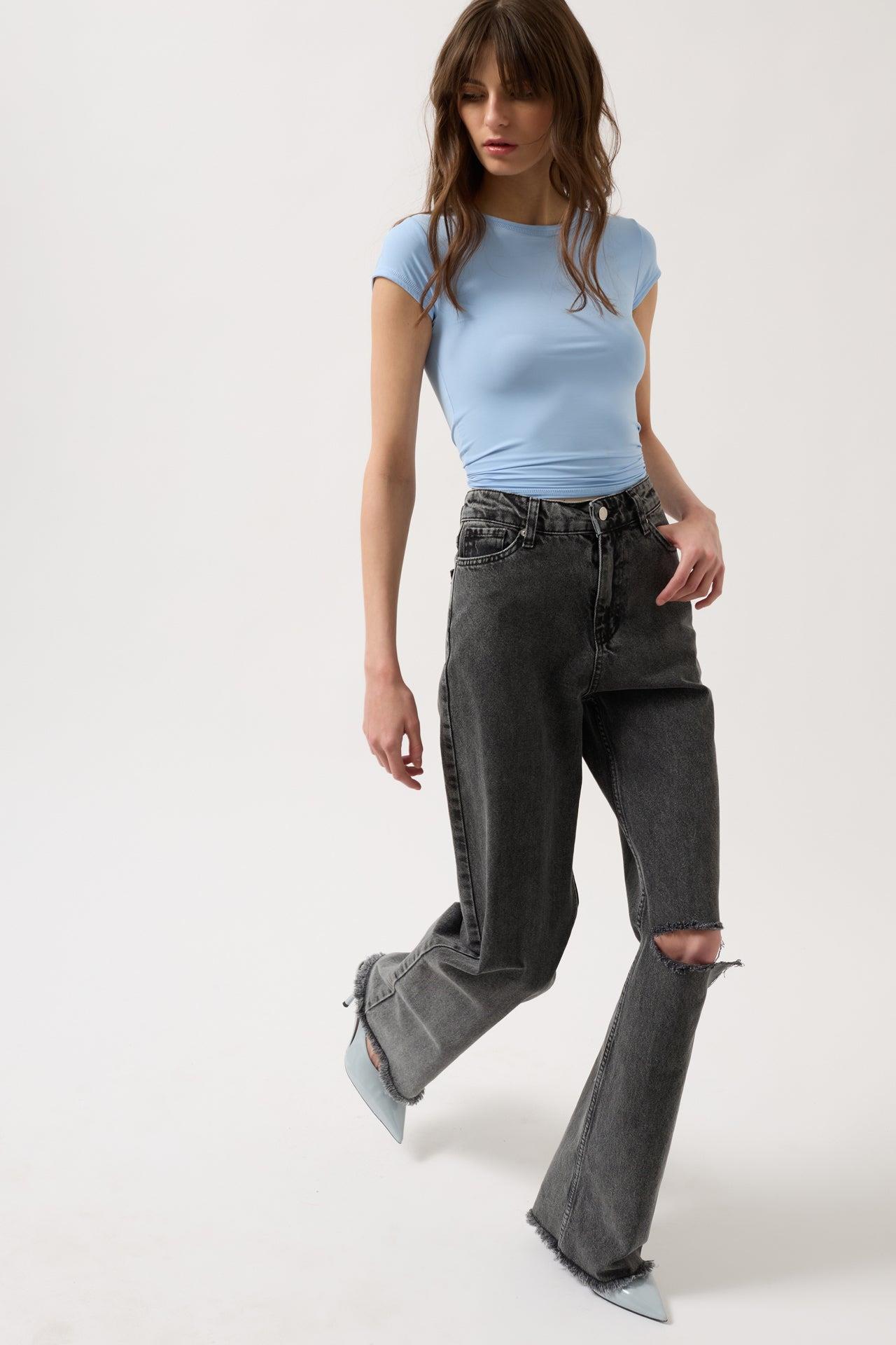 Lazer Kesim Wide Leg Siyah Jean