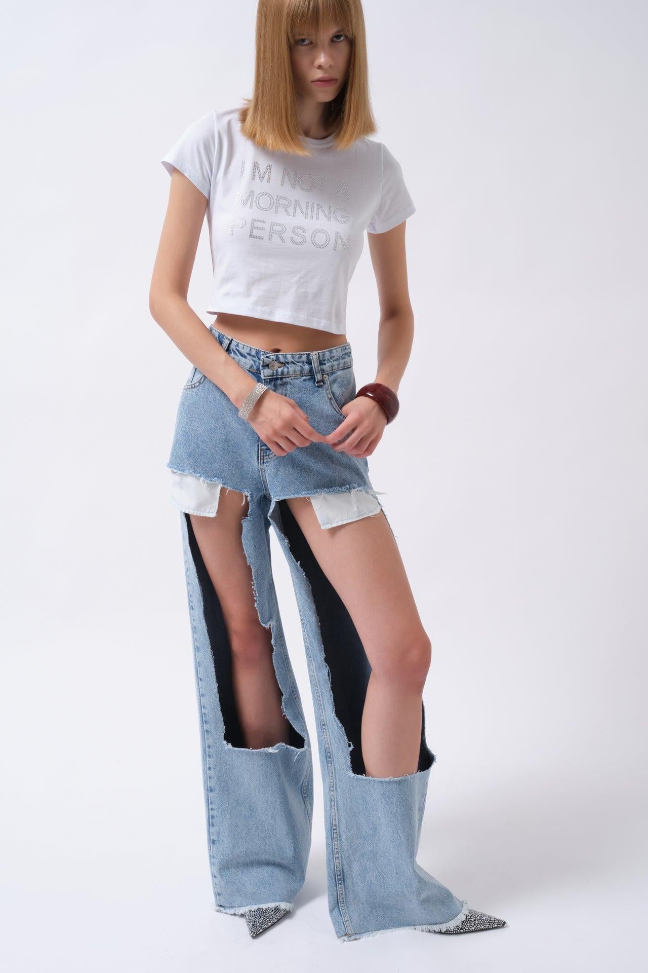 Lazer Kesim Yüksek Bel Mavi Jean