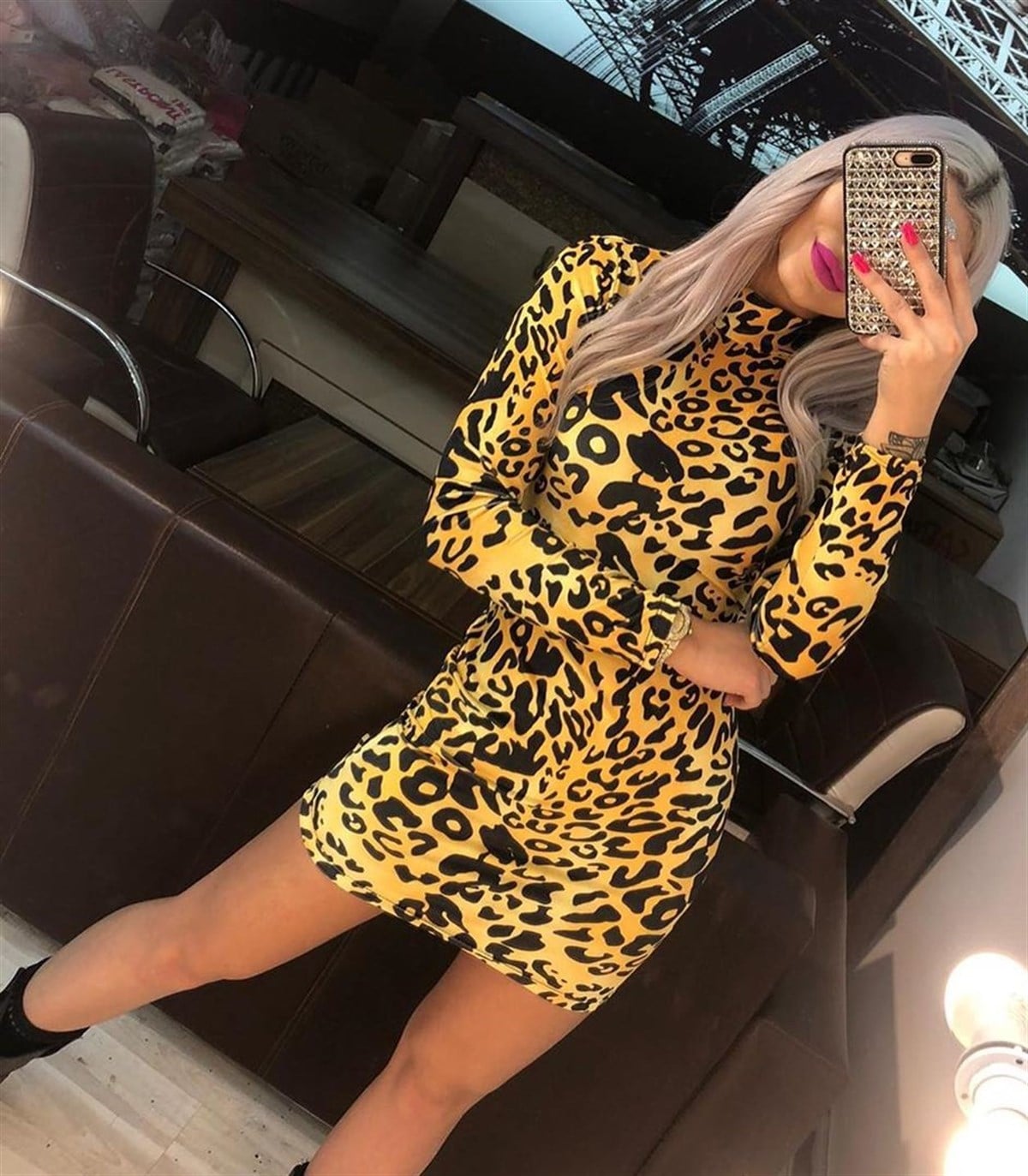 LEOPAR DESEN ESNEK KADİFE KUMAŞ UZUN KOLLU MİNİ ELBİSE LEOPAR KADİFE KUMAŞ GECE ELBİSESİ LONG SLEEVE VELVET MINI DRESS LEOPARD PROM DRESS LEOPAR PARTY DRESS LEOPARD MINI DRESS LP-292-3