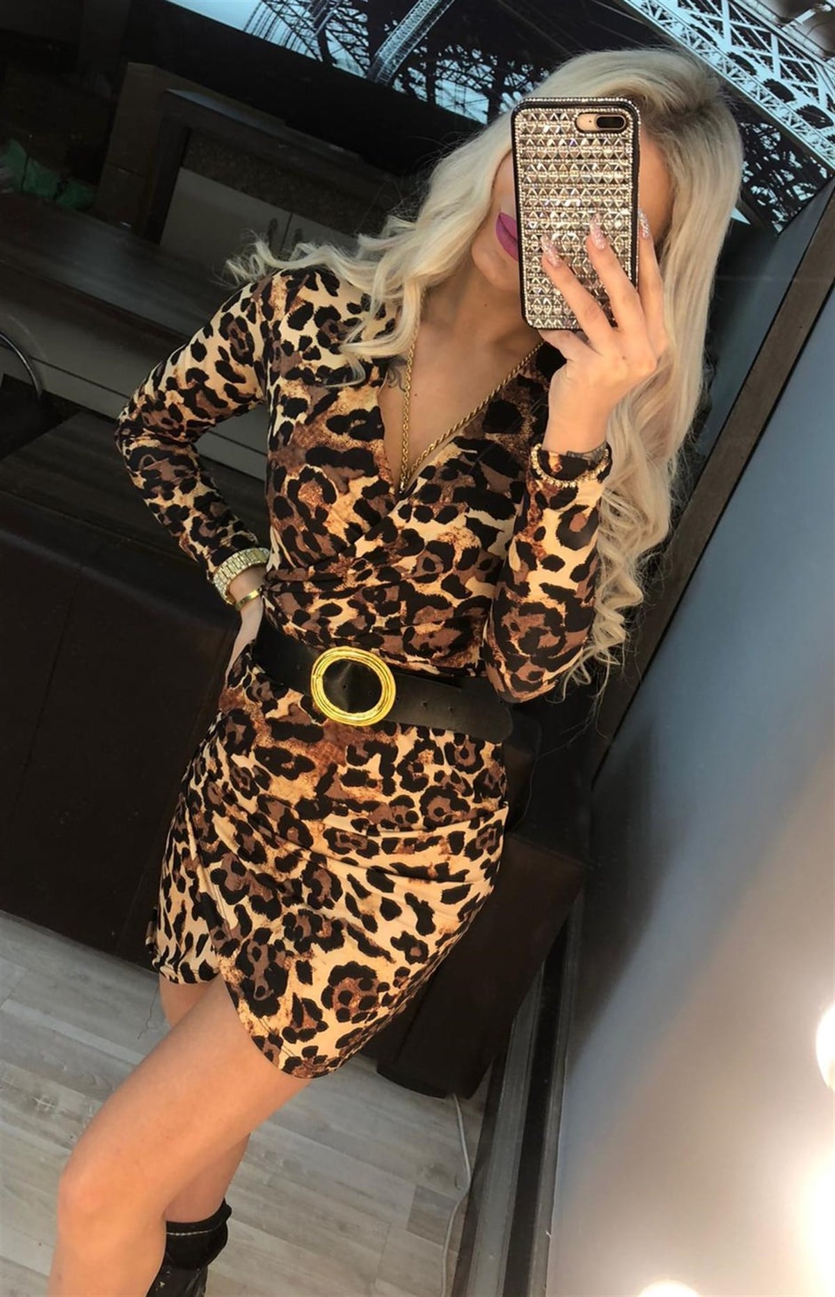 LEOPAR DESENLİ ESNEK KUMAŞ KEMED DETAYLI UZUN KOLLU MİNİ ELBİSE LEOPAR DESEN GECE ELBİSESİ LEOPARD MINI DRESS BLACK PROM DRESS BLACK PARTY DRESS ANIMAL PRINT MINI DRESS LP-299