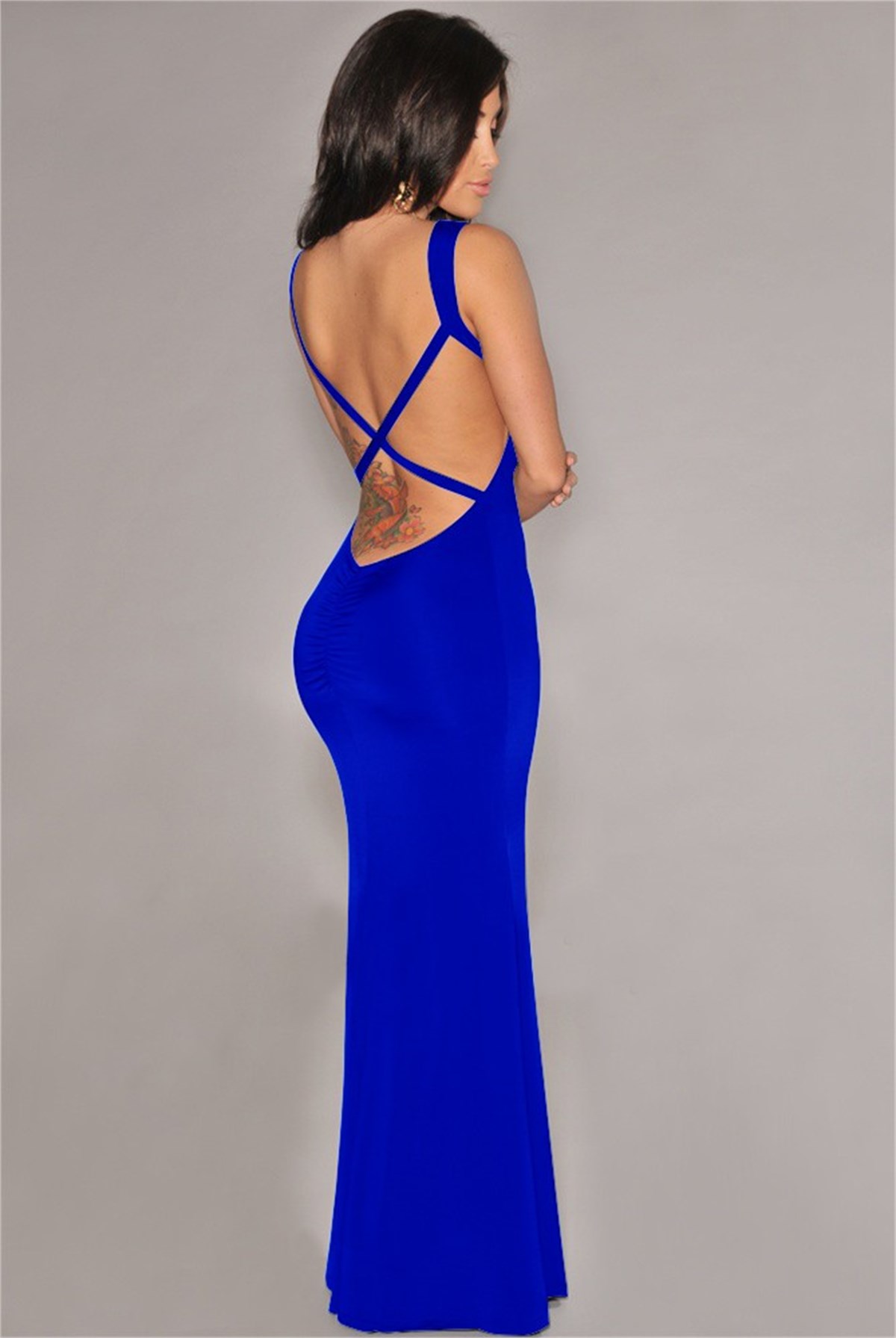 MAVİ DALGIÇ KUMAŞ SIRT DEKOLTELİ ABİYE ELBİSE DNM-020