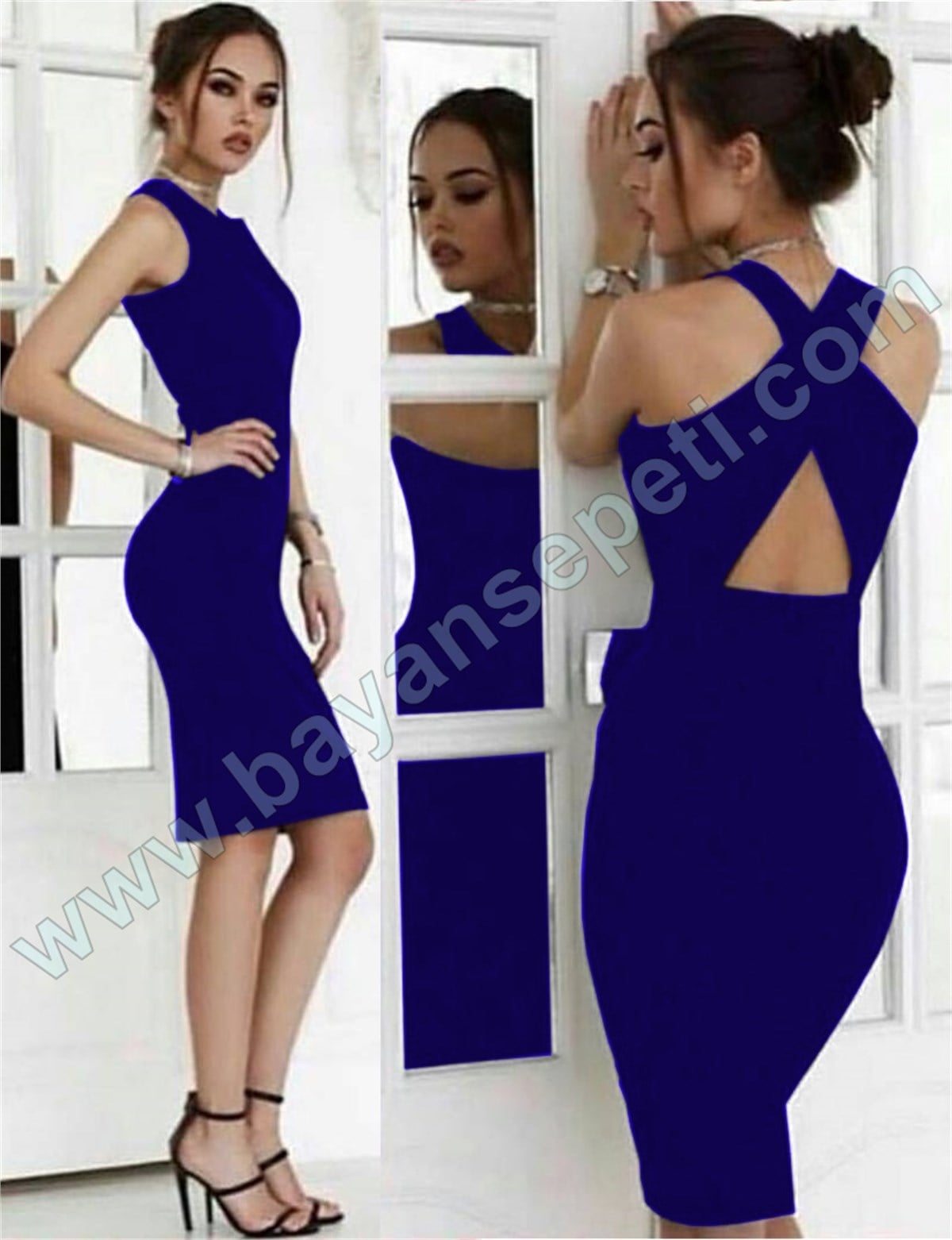 MAVİ ESNEK DALGIÇ KUMAŞ SIRT DEKOLTELİ MİNİ ELBİSE DNM-277-4