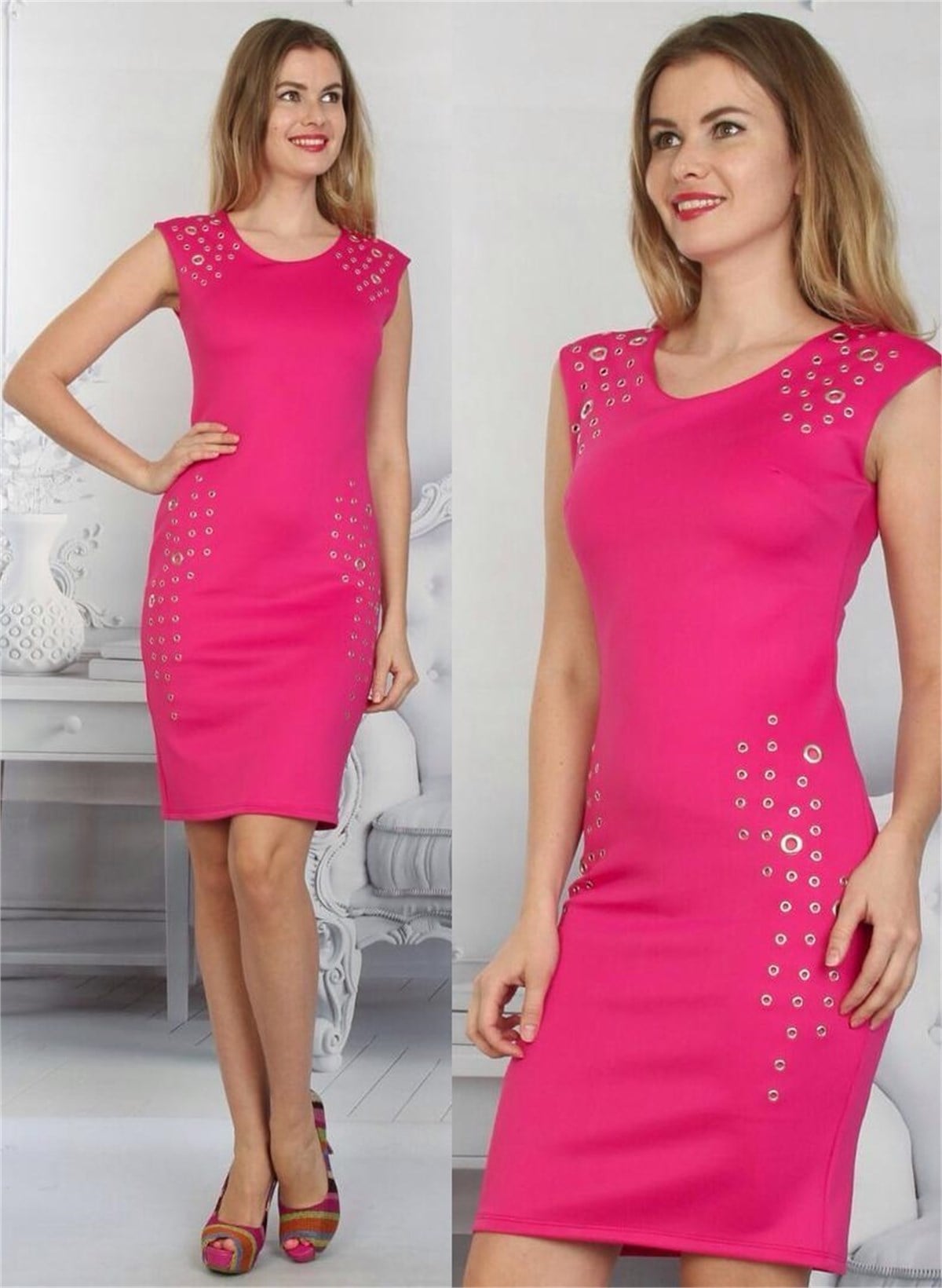METAL KUŞGÖZÜ DETAYLI PEMBE ELBİSE LİV-006-2