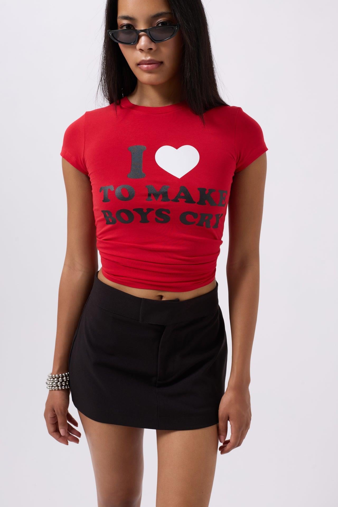 Nakış Detay Baskılı Crop Kırmızı T-Shirt
