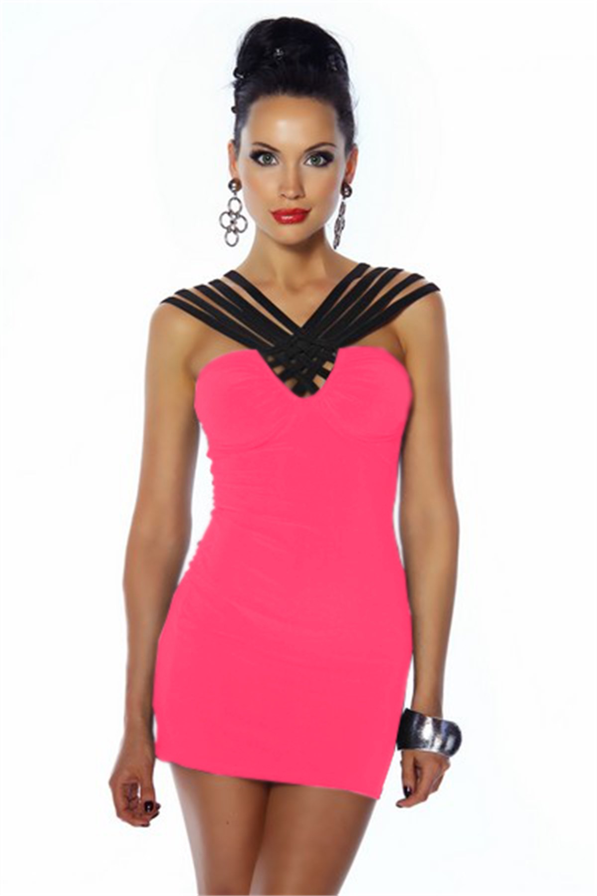 NEON PEMBE ESNEK SANDY KUMAŞ MİNİ ELBİSE DNM-128-11