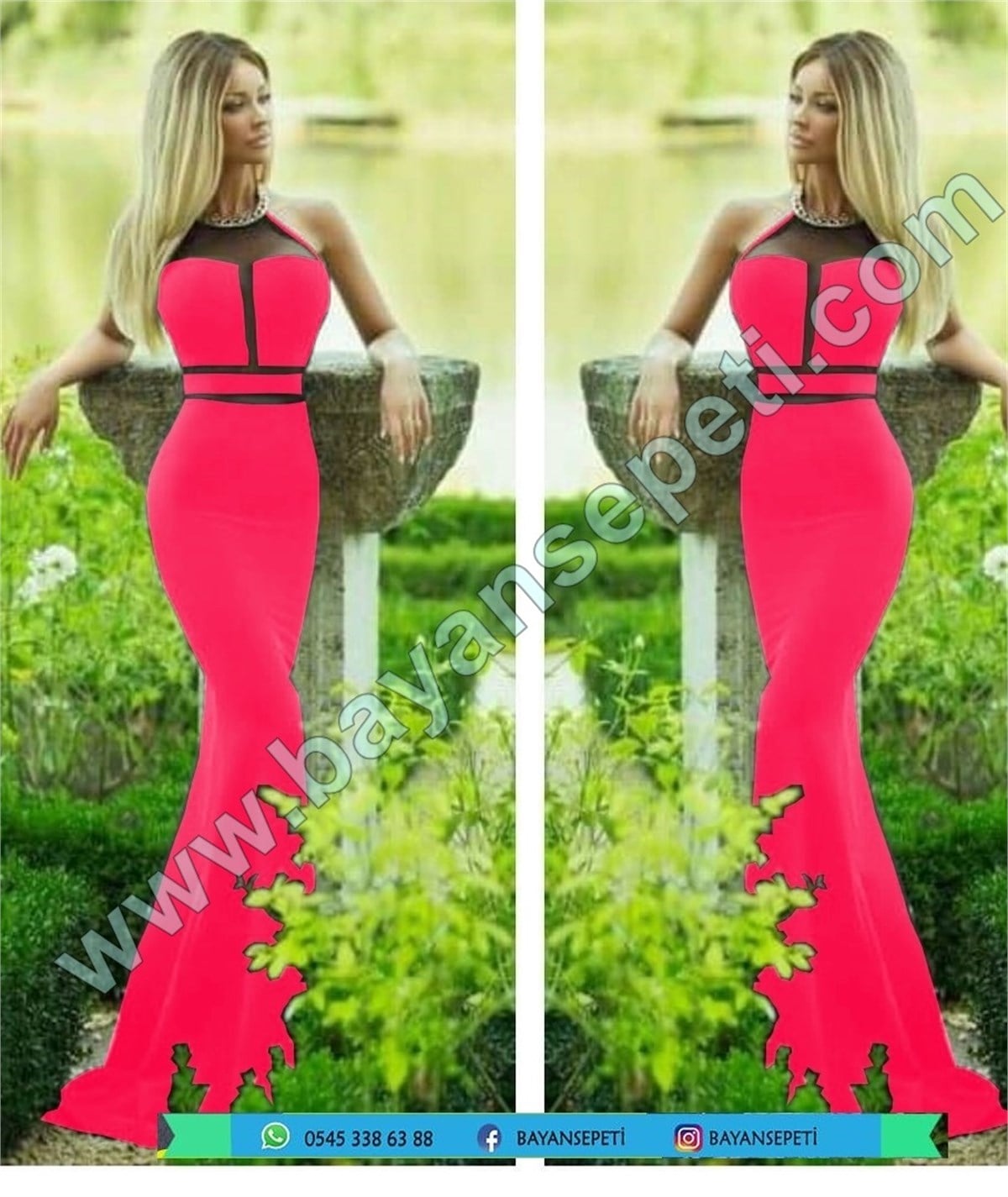 NEON PEMBE SANDY KUMAŞ DEKOLTELİ UZUN ABİYE ELBİSE DNM-318-11