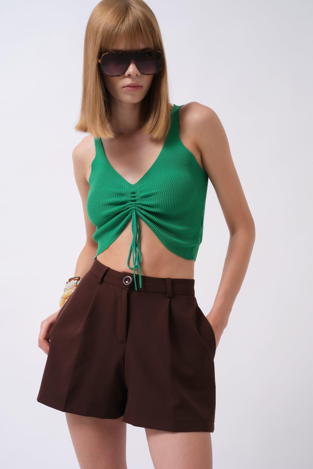 Ön Büzgülü Yeşil Crop Bluz