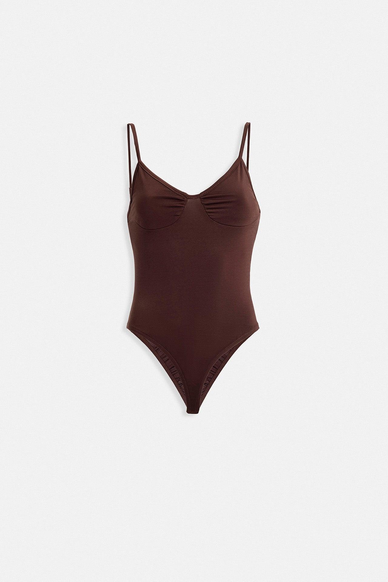 Önü Büzgülü Askılı Kahverengi Bodysuit