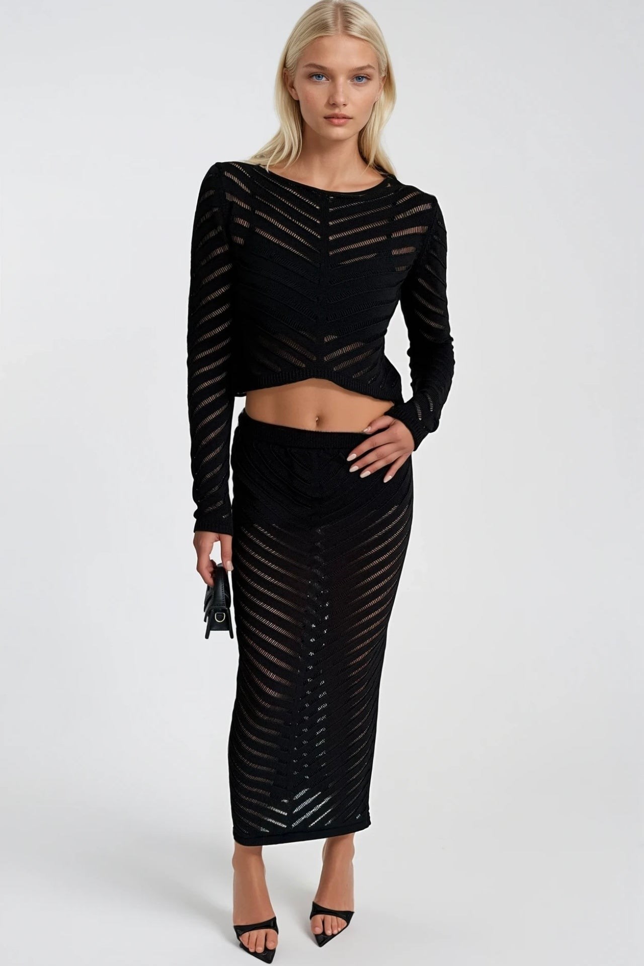 Örgü Desen Crop Bluz & Maxi Etek İkili Takım | Siyah Triko