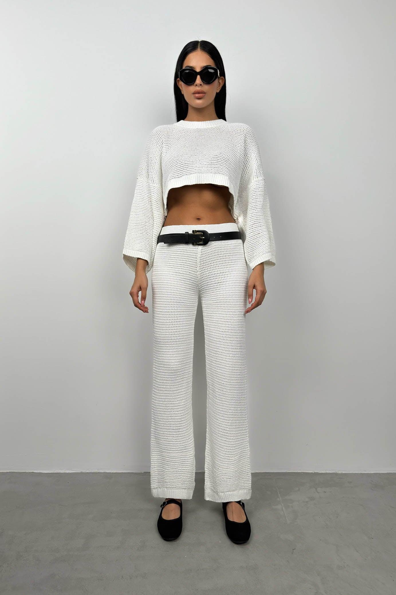 Oversize Beyaz Triko Bluz Pantolon Takım
