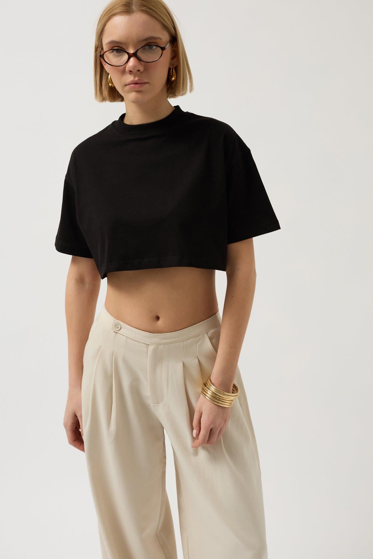 Oversize Crop Siyah T-Shirt