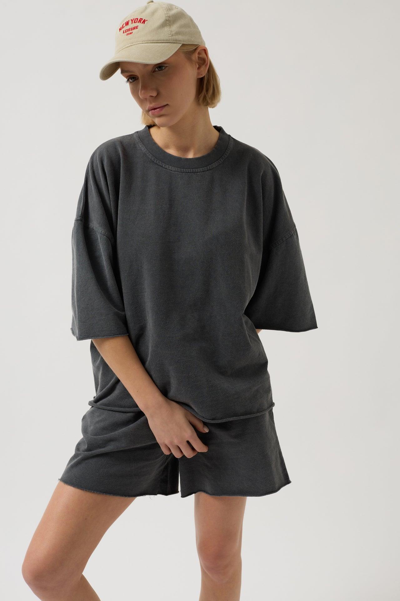 Oversize Lazer Kesim Bisiklet Yaka Antrasit T-Shirt
