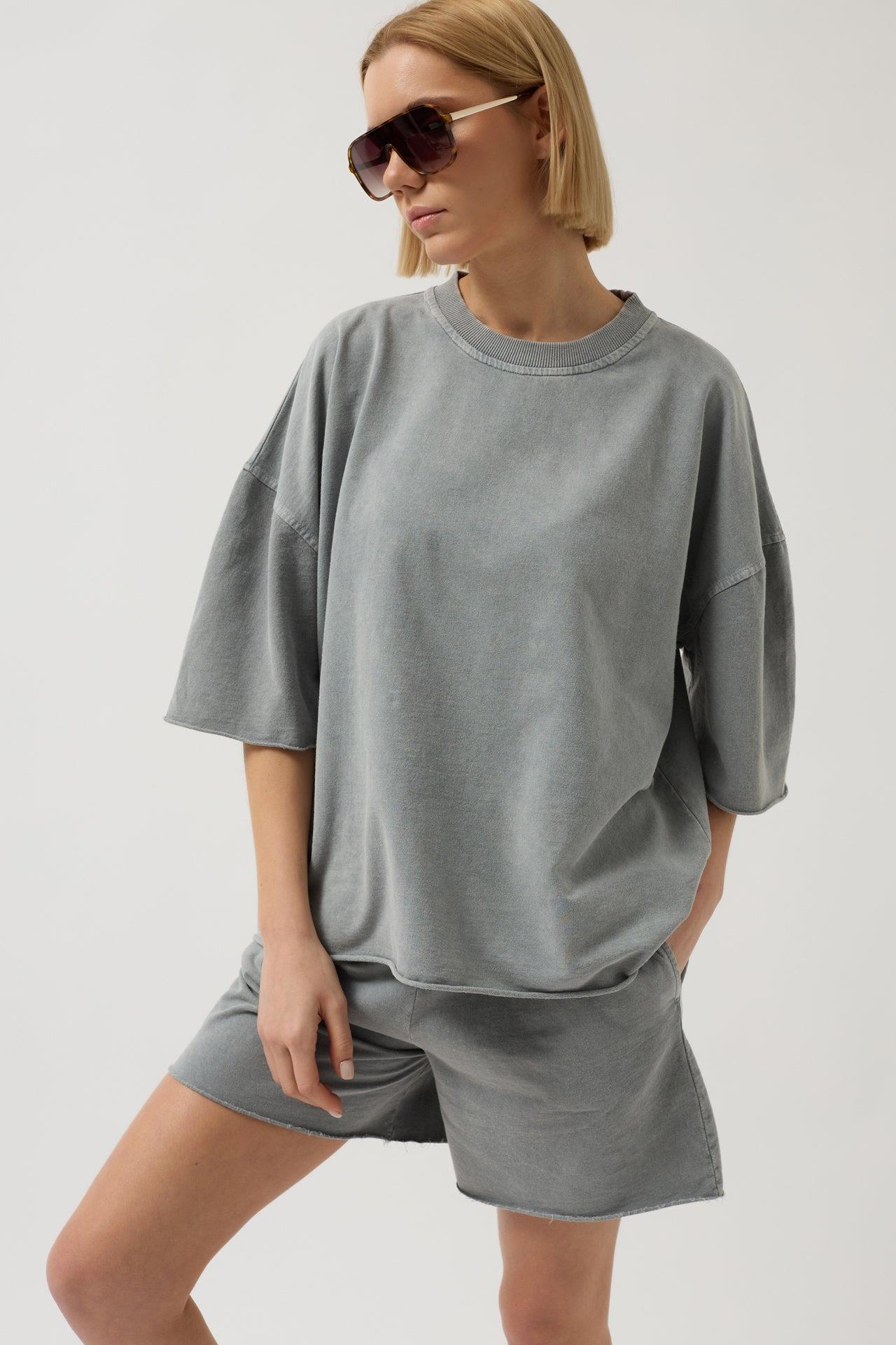 Oversize Lazer Kesim Bisiklet Yaka Gri T-Shirt