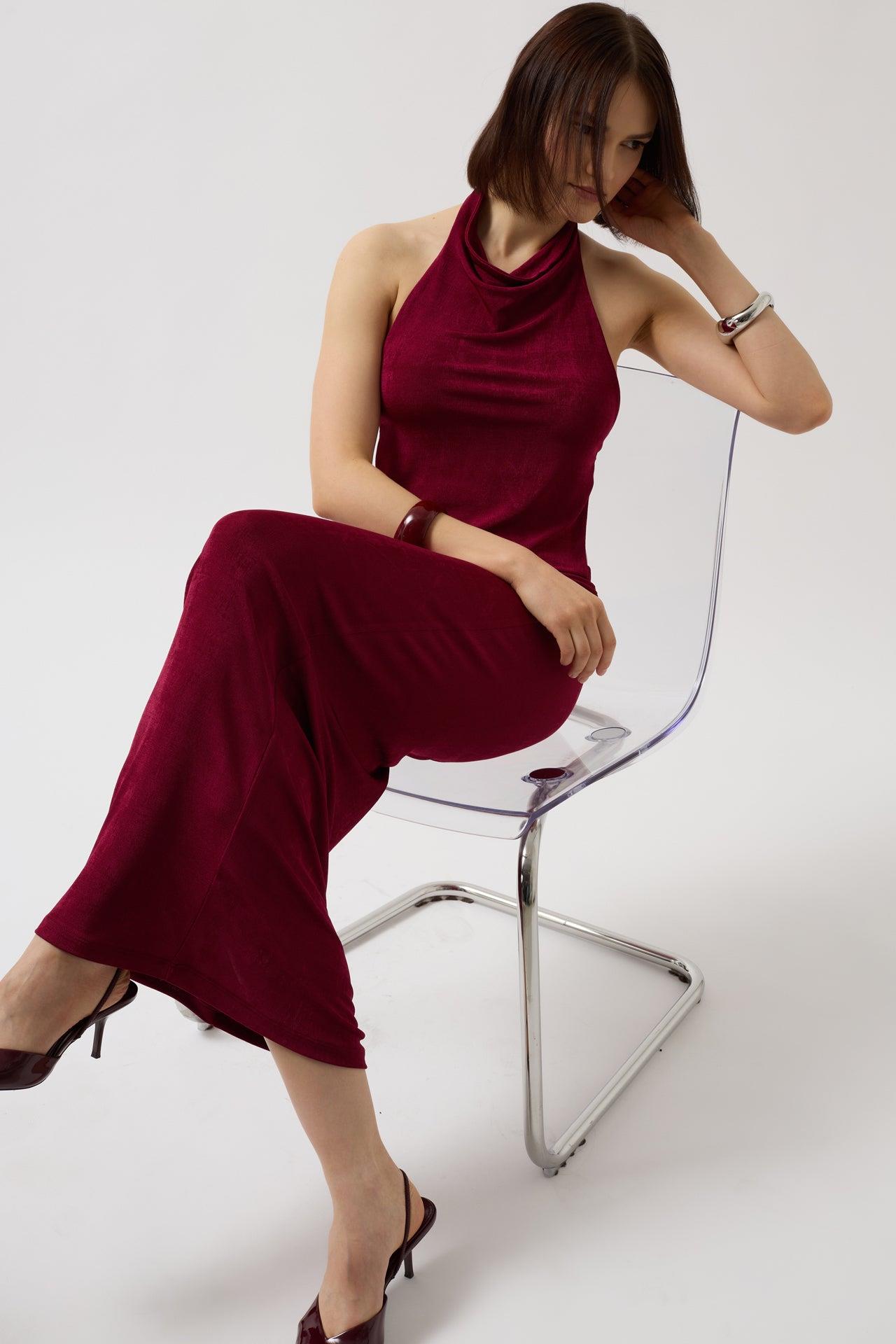 Parlak Kumaş Maxi Bordo Etek