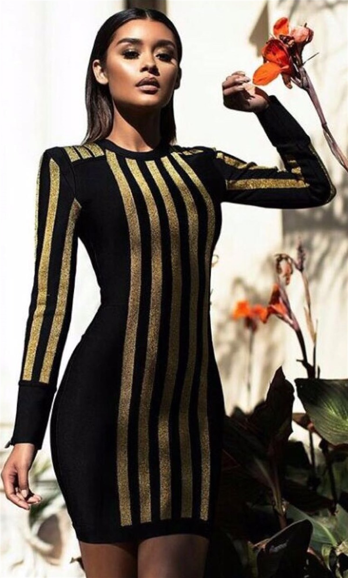 PARLAK ŞERİT DETAYLI ESNEK DALGIÇ KUMAŞ SİYAH ELBİSE MSCX-157