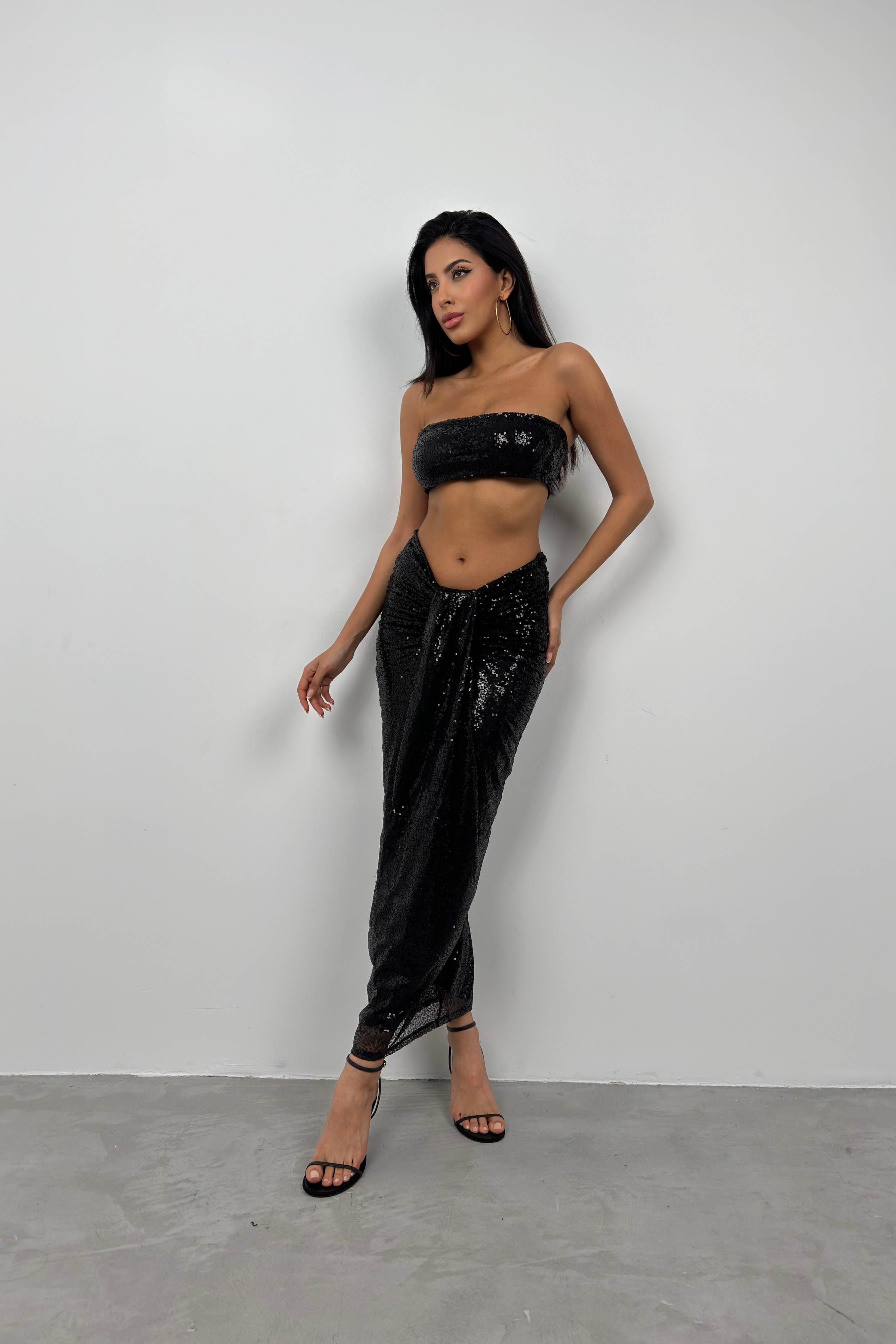 Payetli Straplez Siyah Crop Etek Takım