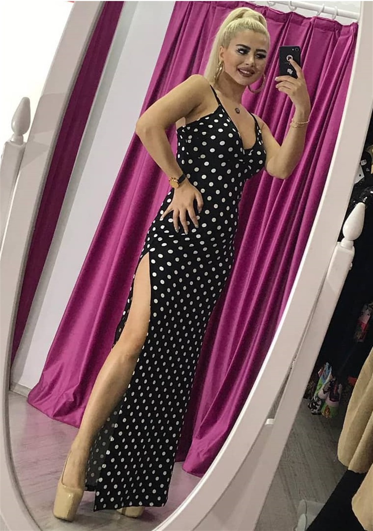 PUANTİYE DESENLİ ESNEK KUMAŞ GÖĞÜS DEKOLTELİ YIRTMAÇ DETAY UZUN DEKOLTE ELBİSE LONG DRESS CLUBWEAR GOGO DRESS KY-065-3