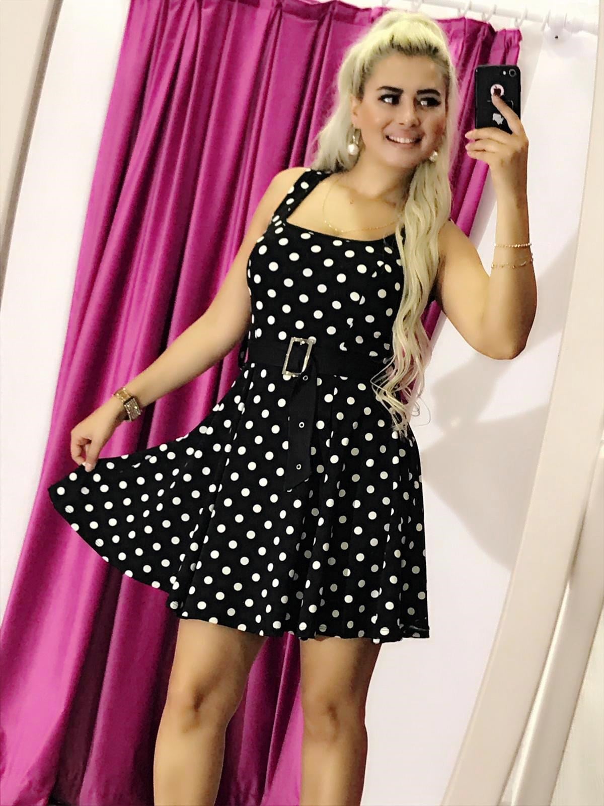 PUANTİYE DESENLİ ESNEK KUMAŞ KEMER DETAYLI GÖĞÜS DEKOLTELİ ASKILI KİLOŞ MİNİ ELBİSE BLACK MINI DRESS CLUBWEAR GOGO DRESS KY-071-1