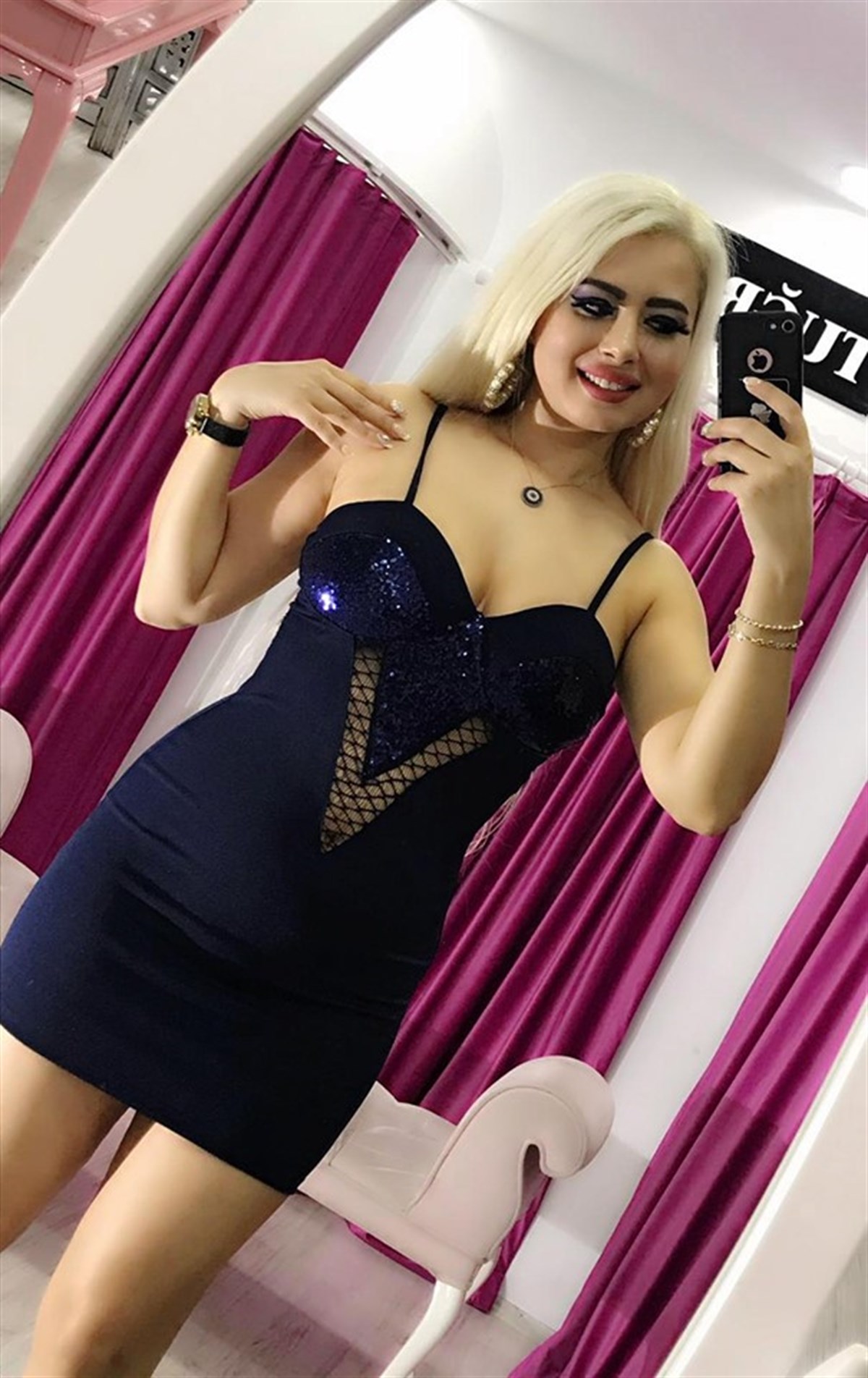 PUL VE TÜL DETAYLI ESNEK KUMAŞ GÖĞÜS DEKOLTELİ LACİVERT MİNİ ELBİSE DEKOLTE GECE ELBİSESİ BLUE MINI DRESS CLUBWEAR GOGO DRESS KY-068