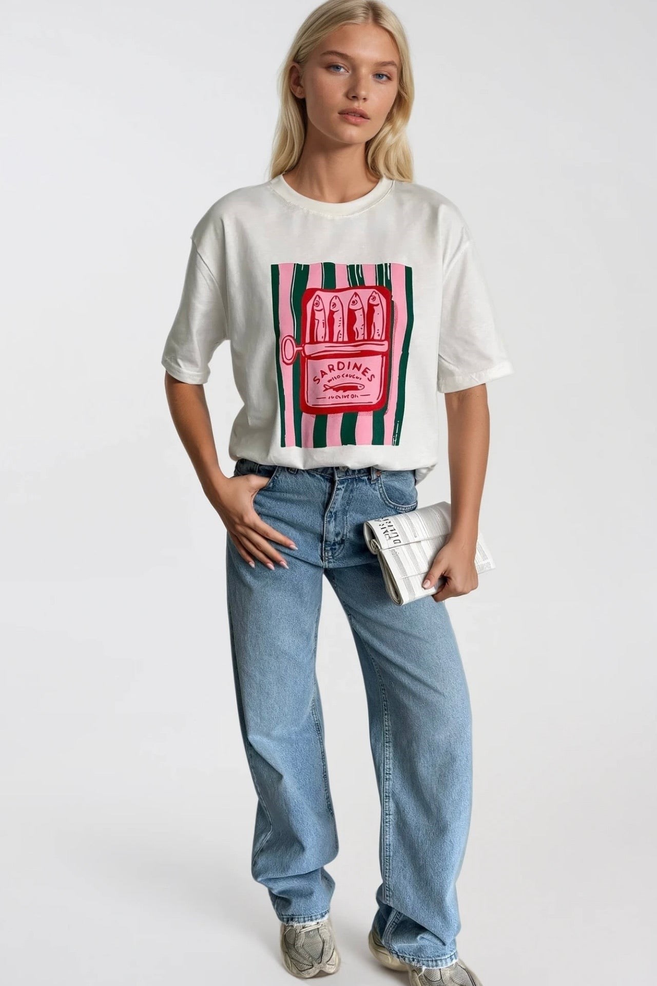Sardines Baskılı Oversize Beyaz T-Shirt