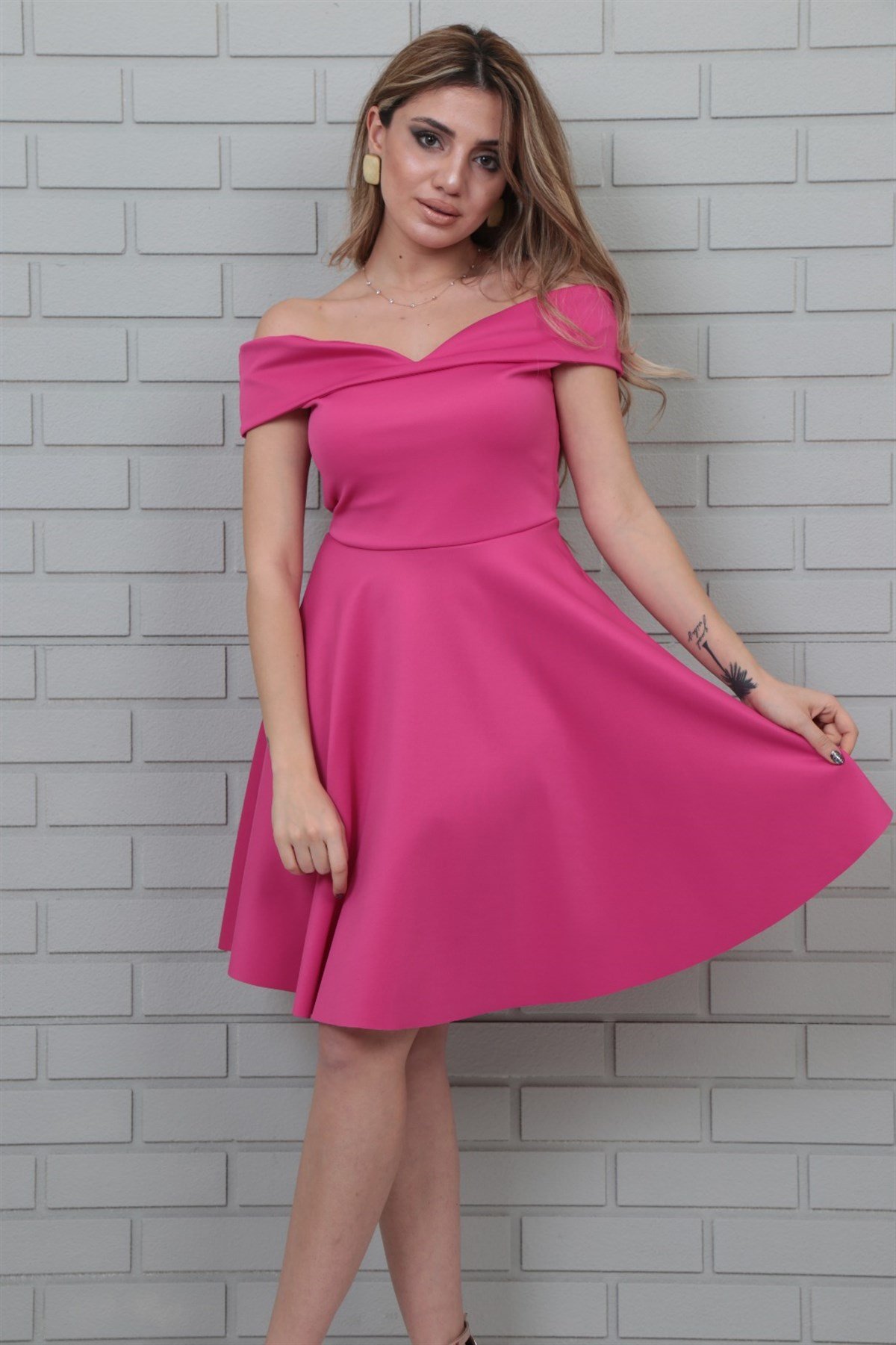 SCUBA KUMAŞ FUŞYA RENK KİLOŞ ABİYE ELBİSE ART-FVR-19-10