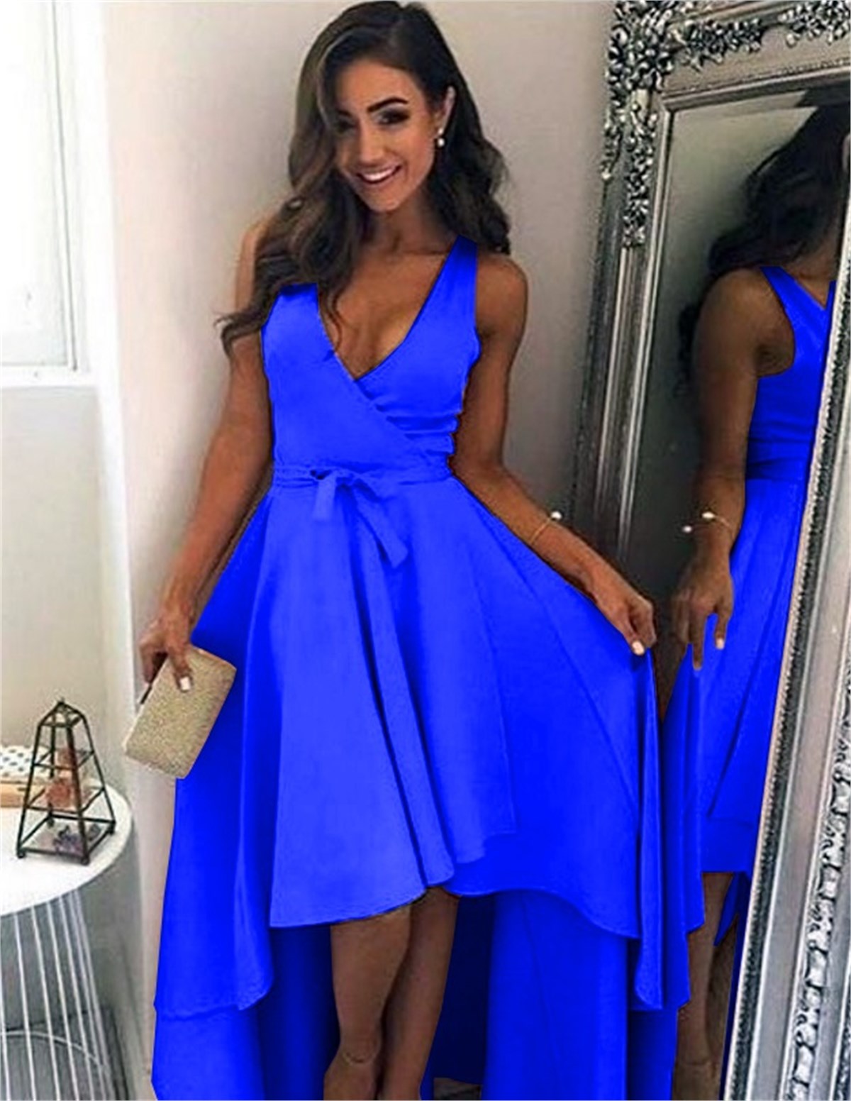 SCUBA KUMAŞ MAVİ GÖĞÜS DEKOLTELİ ABİYE ELBİSE ART-FVR-48