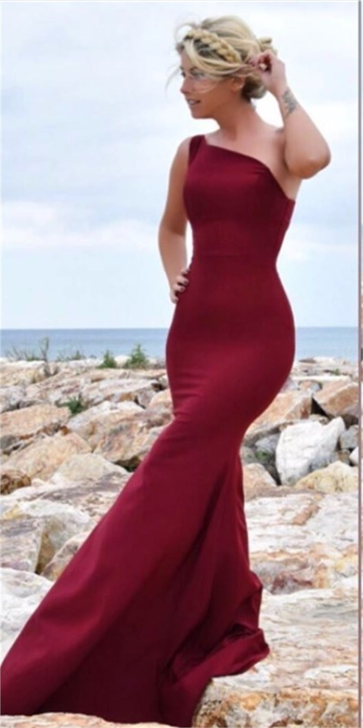 SCUBA KUMAŞ BORDO UZUN ABİYE ELBİSE ART-FVR-23