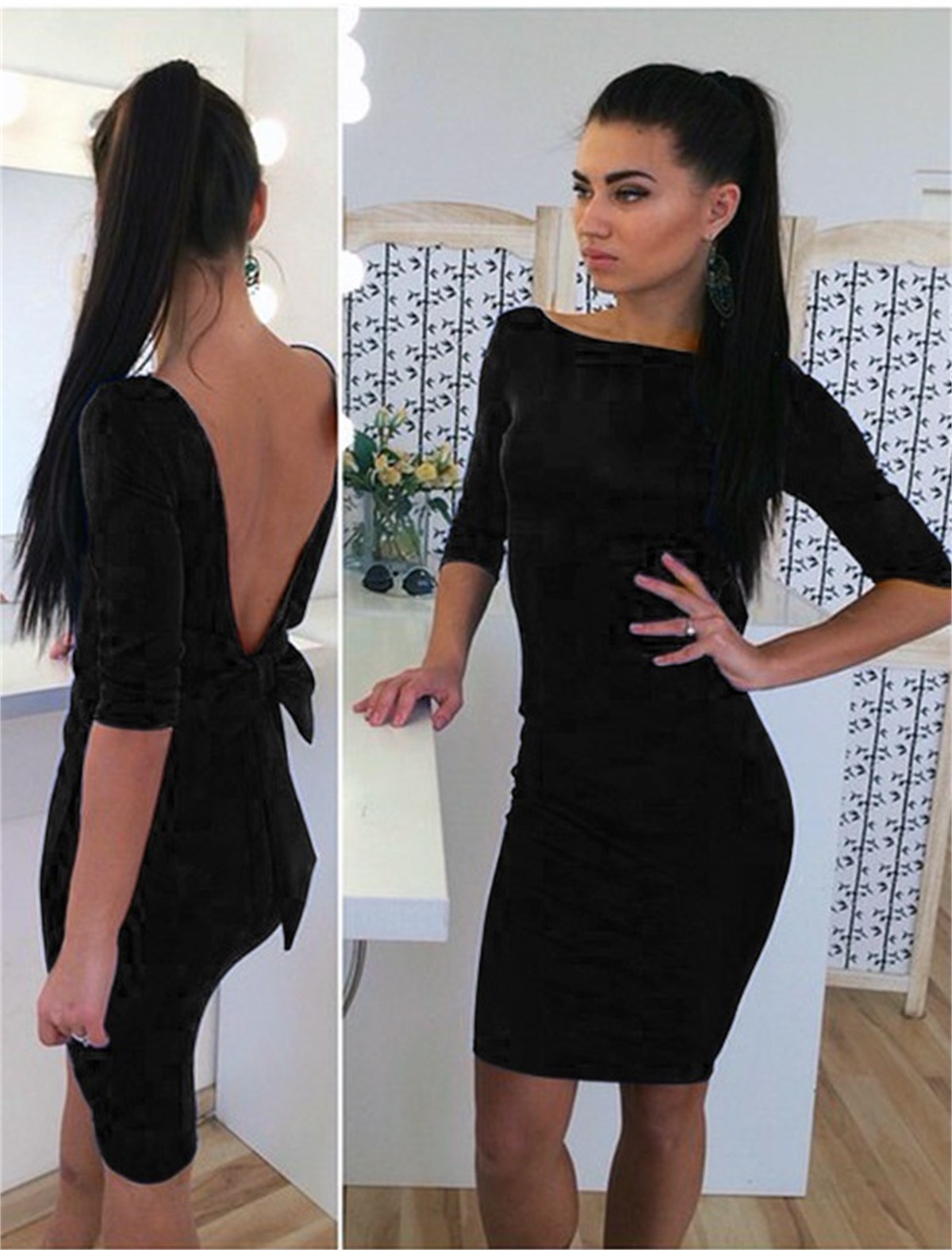 SCUBA KUMAŞ SİYAH SIRT DEKOLTELİ ABİYE ELBİSE ART-FVR-137