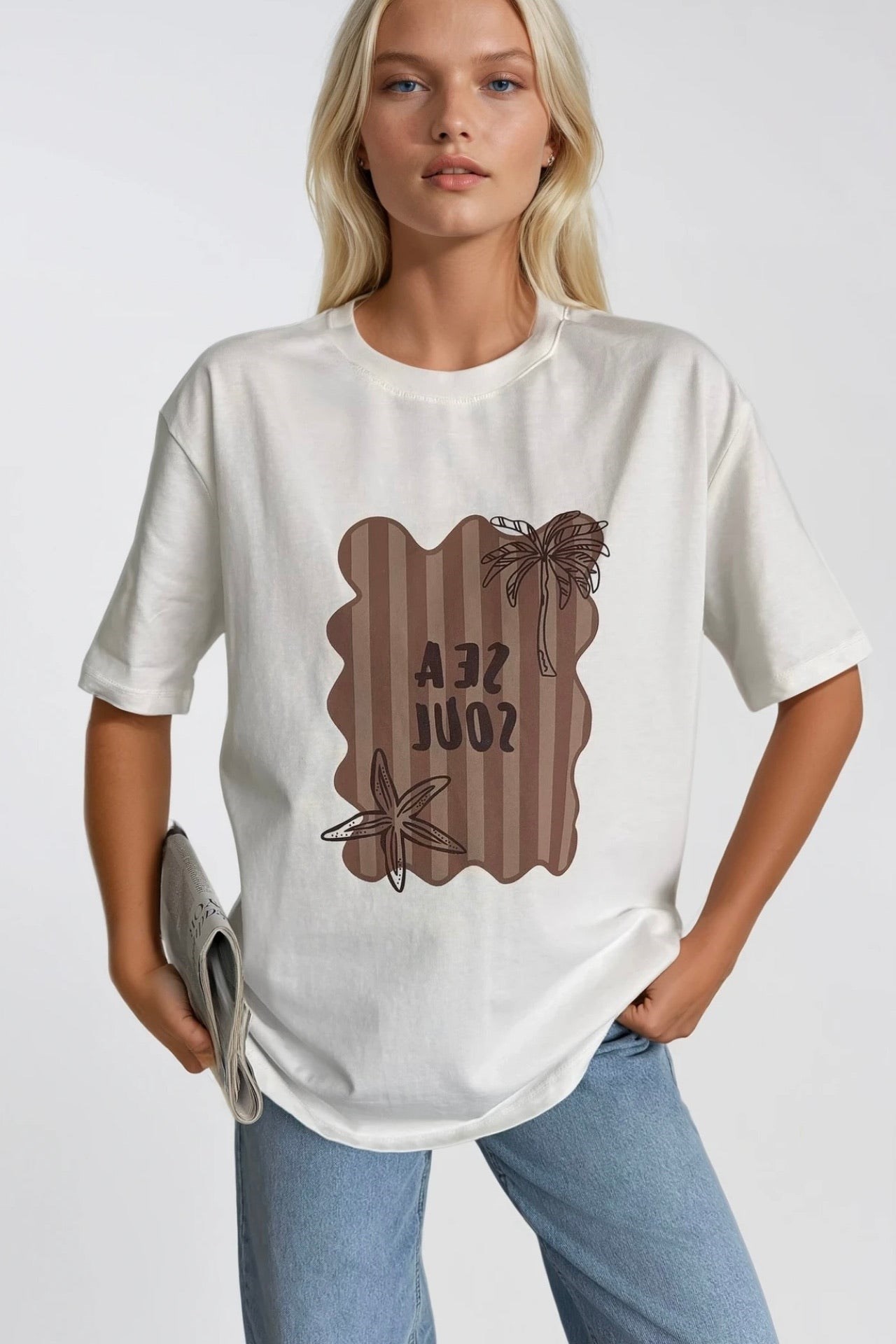 Sea Soul Baskılı Oversize Beyaz T-Shirt