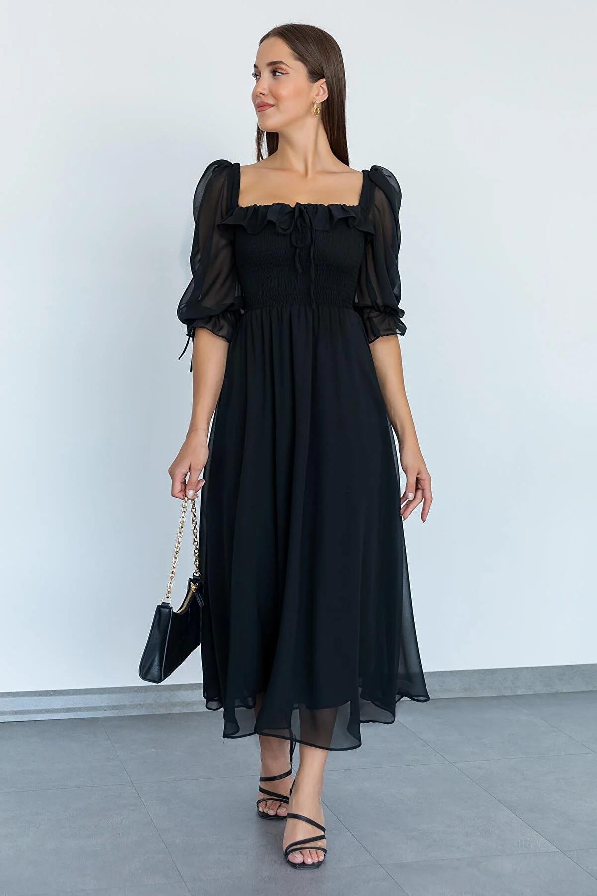 Lila Esnek Krep Kumaş Kalın Askı Tasarım Kare Yaka Midi Elbise 086