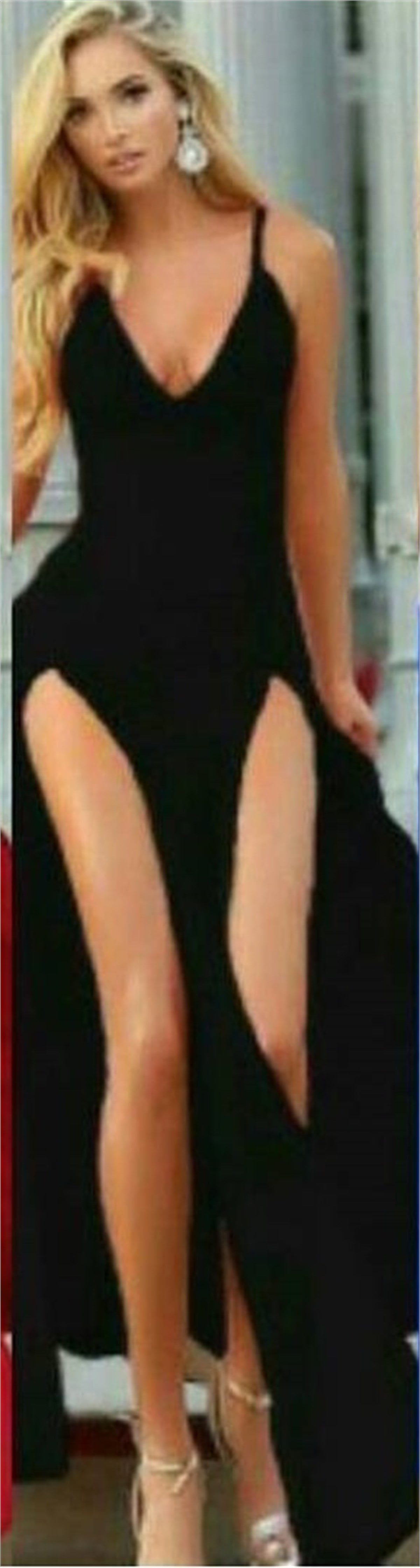 SİYAH ESNEK SANDY KUMAŞ DEKOLTELİ UZUN ELBİSE DNM-227-1