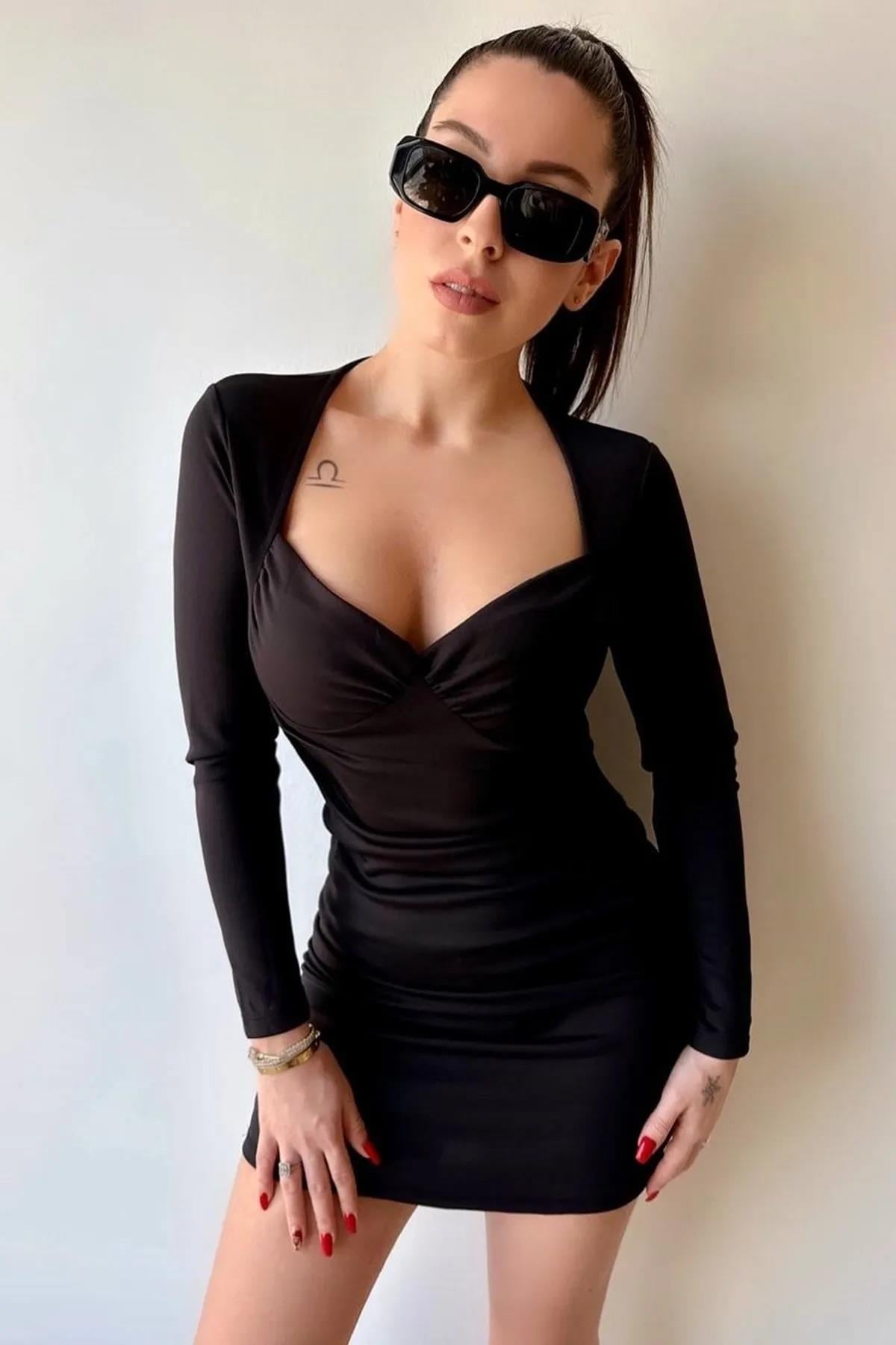 Siyah Micro Kumaş  Degaje Yaka Uzun Kollu Mini Abiye Elbise 060