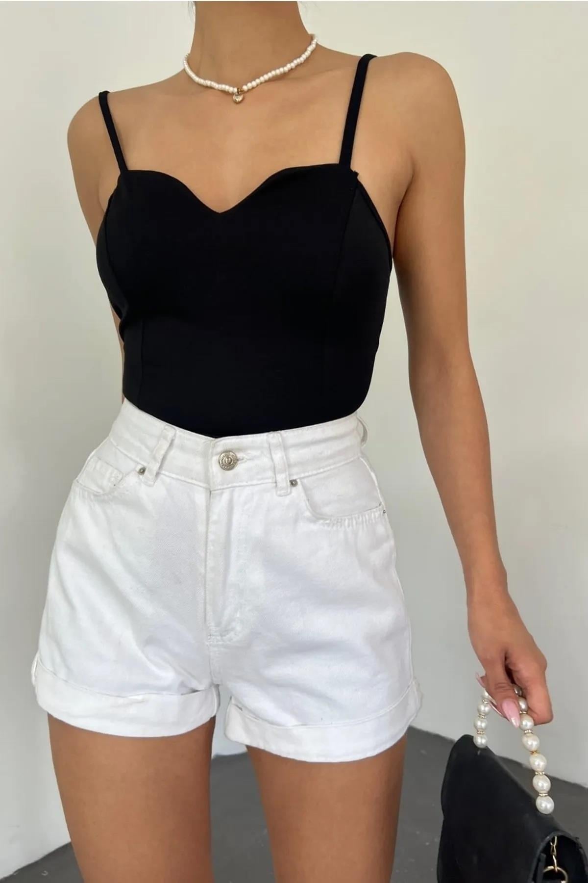 Siyah Örme Krep Kumaş Askılı Bluz 5076