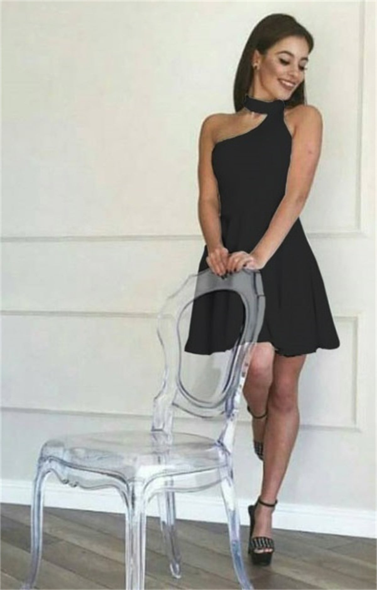 SİYAH SCUBA KUMAŞ KISA ABİYE ELBİSE ART-FVR-193
