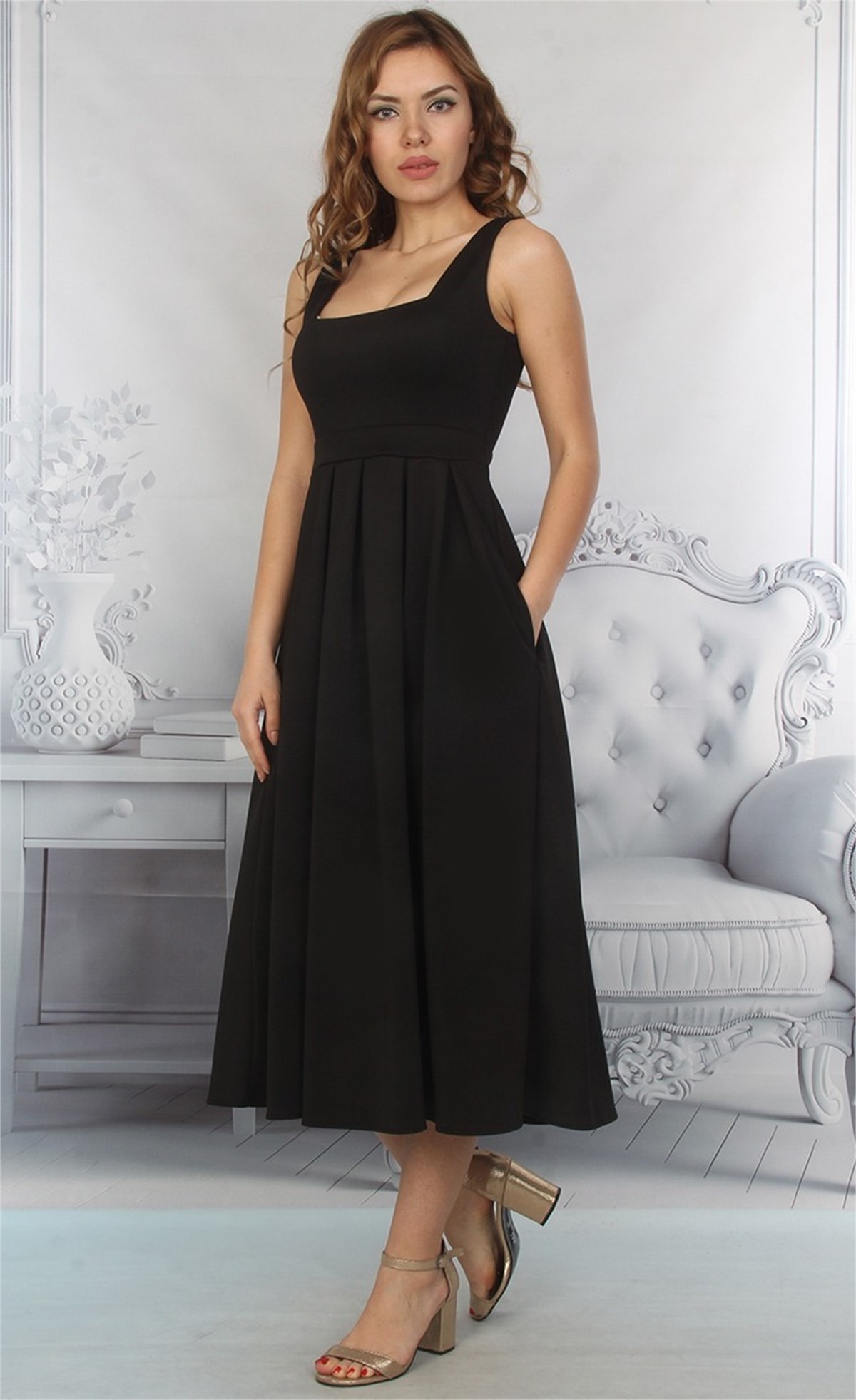 SİYAH SCUBA KUMAŞ MİDİ BOY ABİYE ELBİSE ART-FVR-207