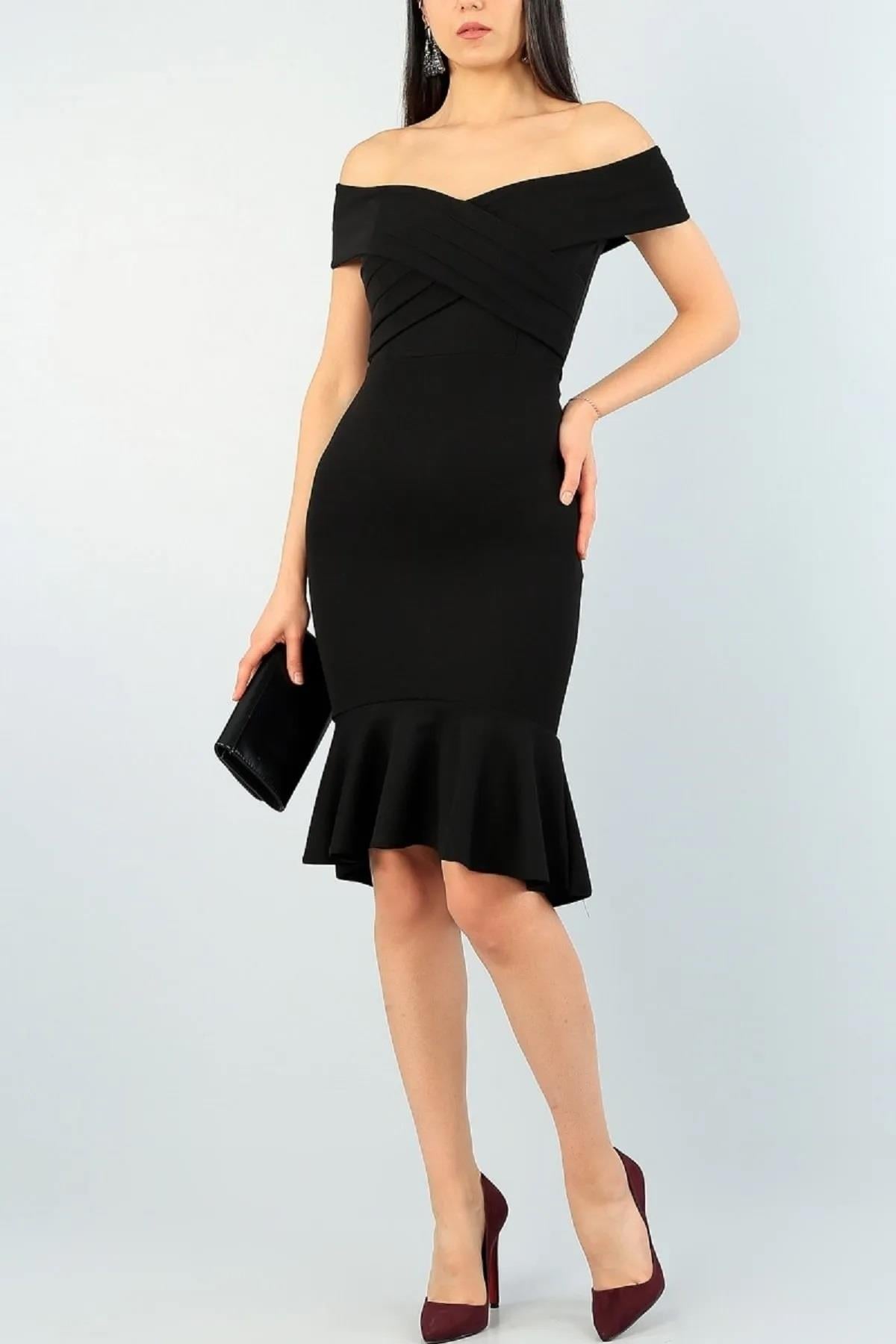 Slim Fit kesim Krep Kumaş Çapraz Yaka Midi Boy Siyah Abiye Elbise 2870 086