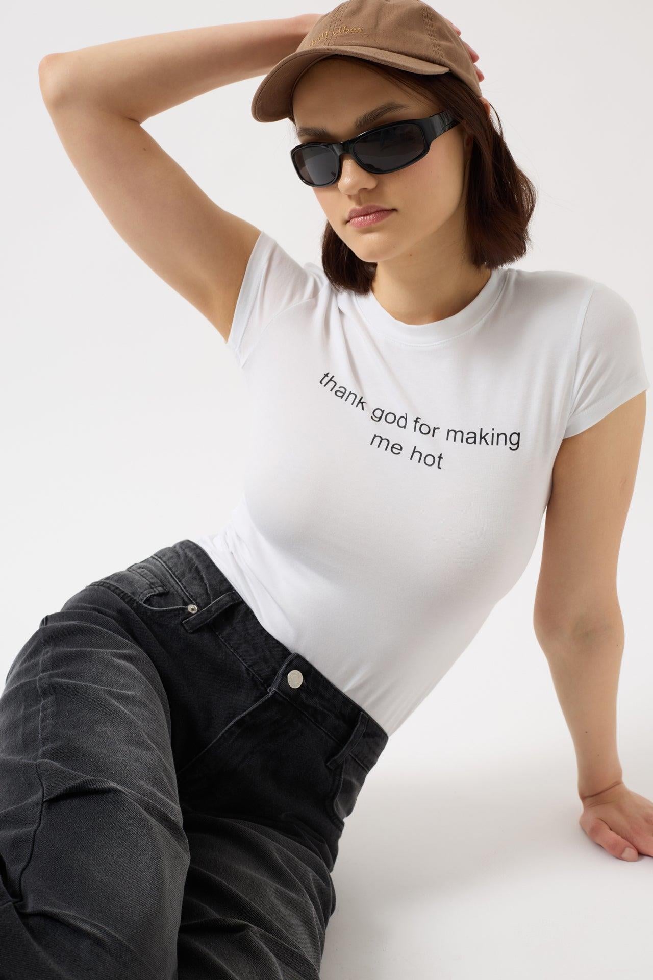 Thanks God Baskılı Likralı Crop Beyaz T-Shirt