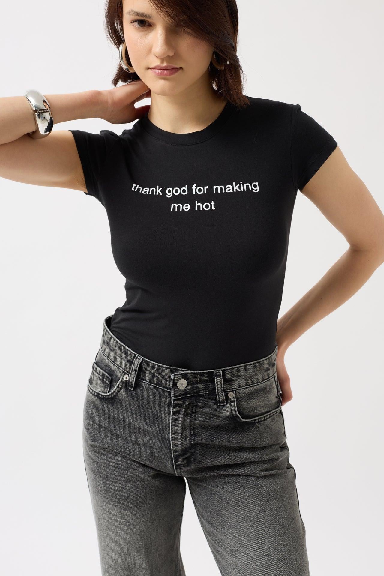 Thanks God Baskılı Likralı Crop Siyah T-Shirt