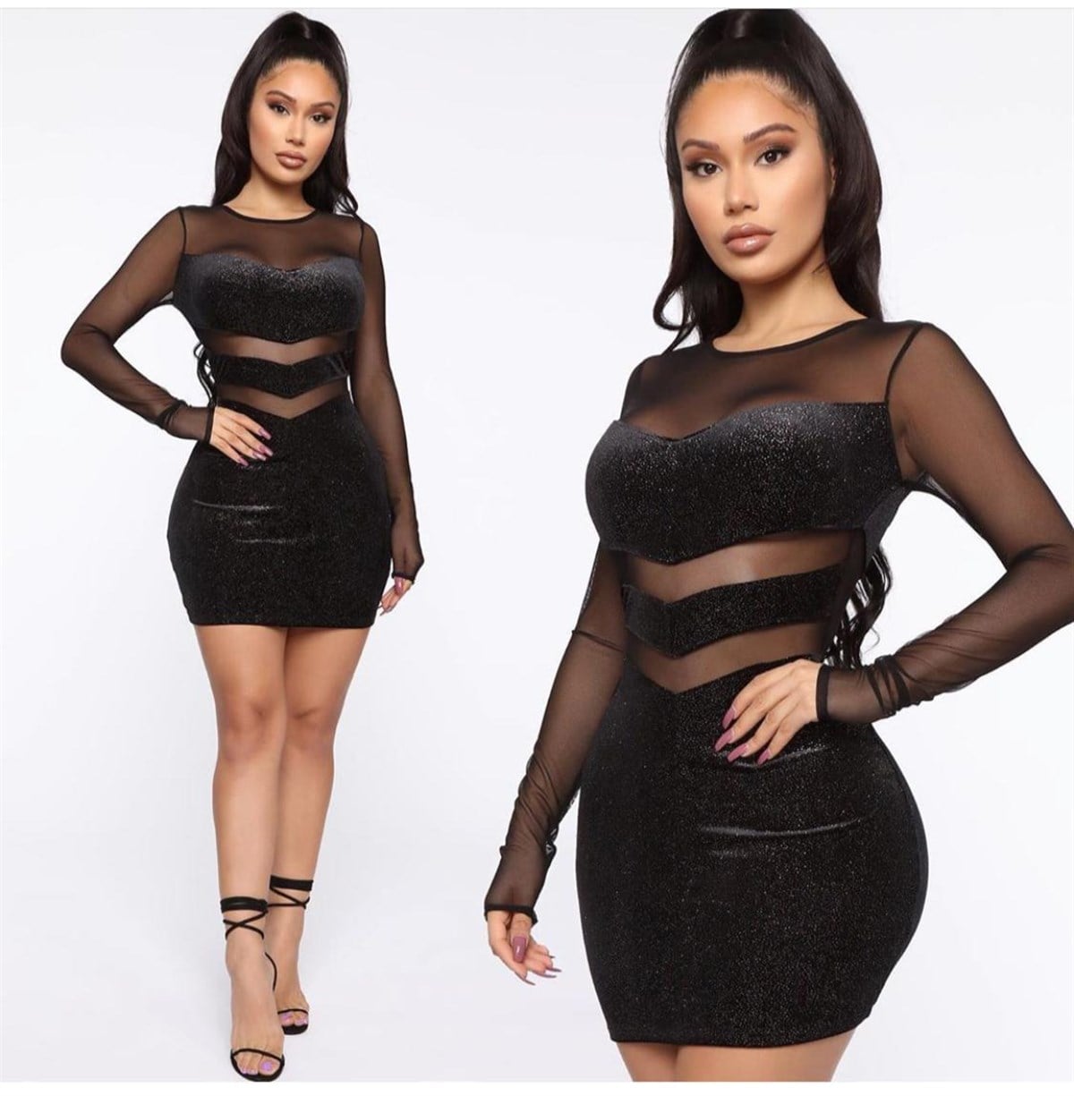 TRANSPARAN DEKOLTELİ ESNEK KADİFE KUMAŞ UZUN KOLLU SİYAH MİNİ ELBİSE KADİFE KUMAŞ GECE ELBİSESİ MINI DRESS BLACK PROM DRESS BLACK PARTY DRESS VELVET BLACK MINI DRESS LP-290-1
