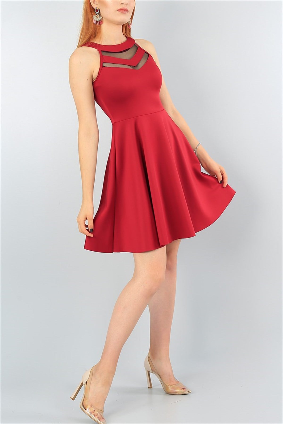 TRANSPARAN DETAYLI ESNEK SCUBA KUMAŞ KOLSUZ BORDO MİNİ ABİYE ELBİSE BORDO MİNİ ELBİSE SLEVELESS DARK RED MINI DRESS GOS-2222