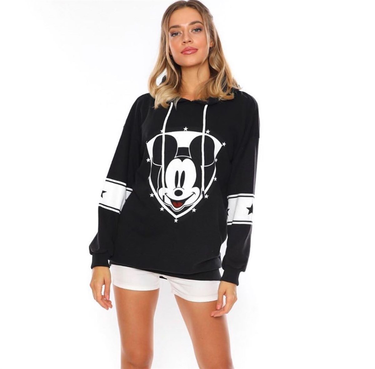 ÜÇİPLİK ESNEK KUMAŞ DİSNEY BASKILI UZUN KOLLU SİYAH SPOR SWEATSHIRT WOMAN SPORTSWEAR BLACK SWEATSHRT ZN-010-SİYAH