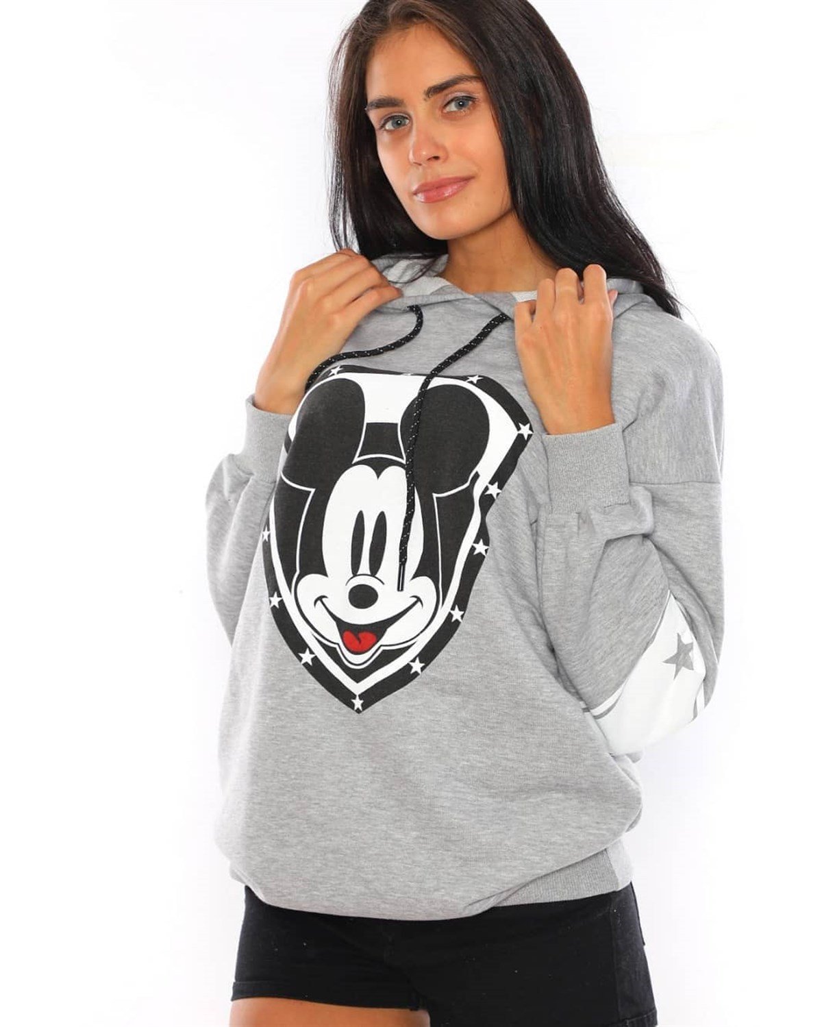 ÜÇİPLİK ESNEK KUMAŞ DİSNEY BASKILI UZUN KOLLU GRİ SPOR SWEATSHIRT WOMAN SPORTSWEAR GREY SWEATSHRT ZN-010-GRİ