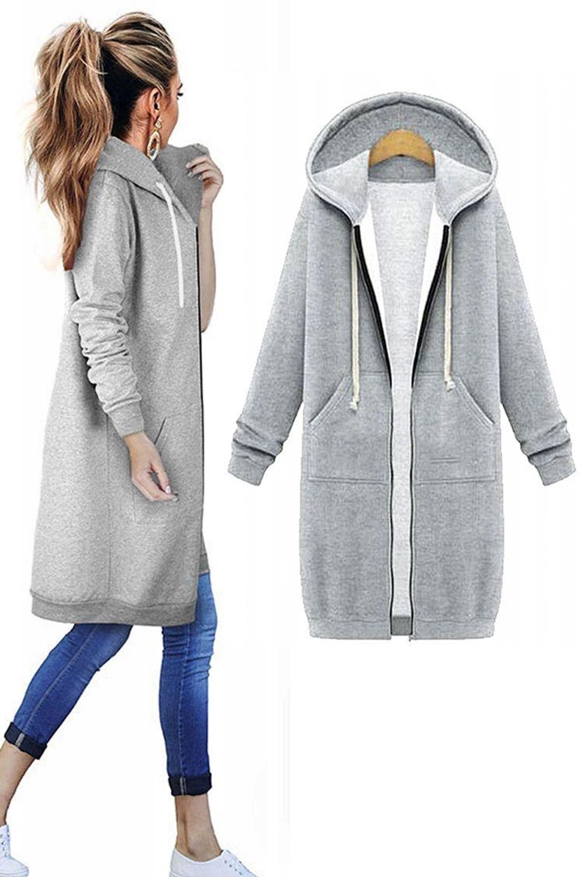 ÜÇİPLİK İÇİ ŞARDONLU ESNEK EŞOFMAN KUMAŞI UZUN KOLLU BOYDAN FERMUARLI KAPİŞONLU GRİ SWEATSHIRT DMN-091-GRİ