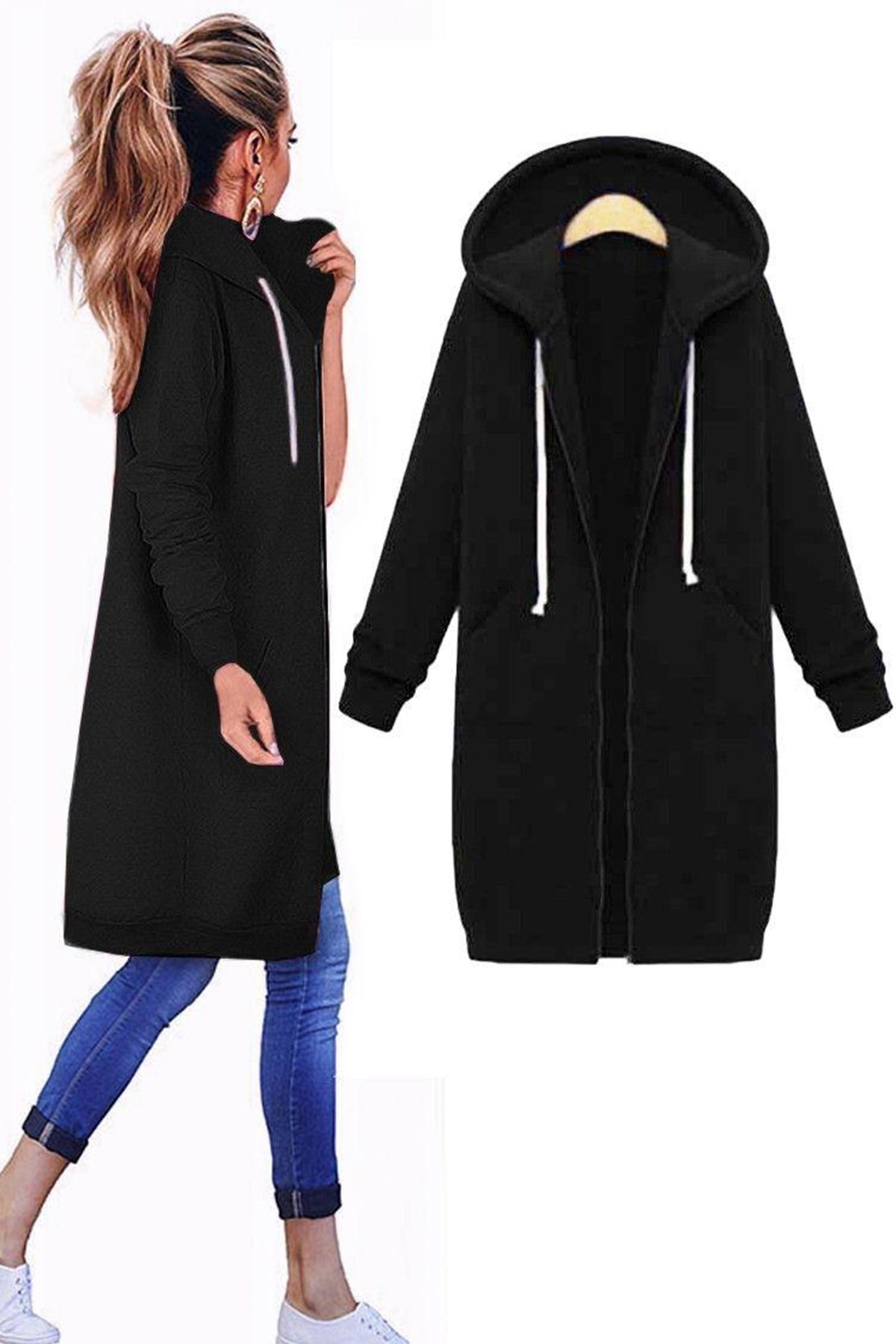 ÜÇİPLİK İÇİ ŞARDONLU ESNEK EŞOFMAN KUMAŞI UZUN KOLLU BOYDAN FERMUARLI KAPİŞONLU SİYAH SWEATSHIRT DMN-091-SİYAH