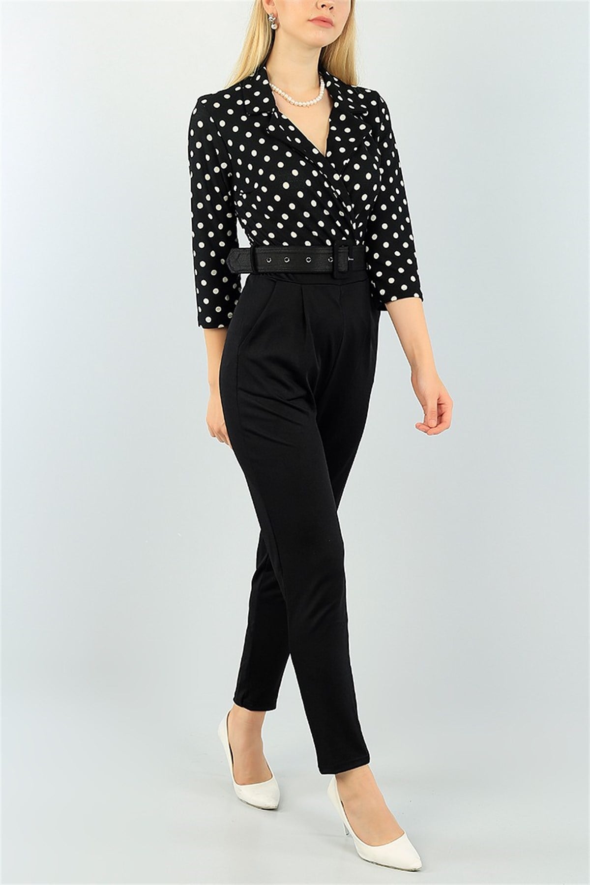 ÜST KISMI PUANTİYE DESENLİ KEMER DETAYLI TEK PARÇA SİYAH TULUM SİYAH BODYSUİT SİYAH GÜNLÜK TULUM BLACK BODYSUIT HY-73730