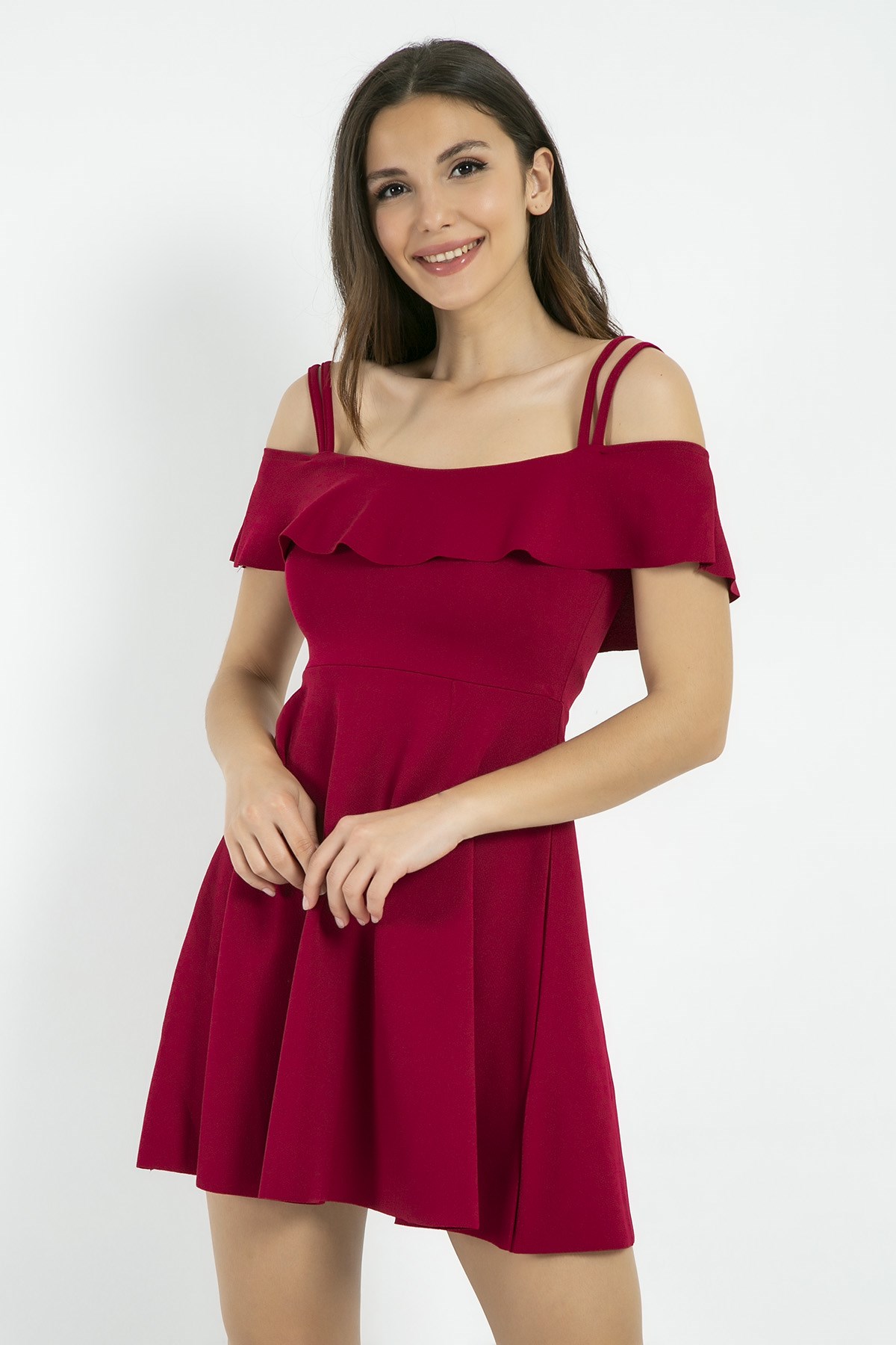 VOLAN DETAYLI ESNEK KUMAŞ ASKILI KIRMIZI MİNİ ELBİSE KIRMIZI ELBİSE SLEVELESS RED MINI DRESS 4646031891437