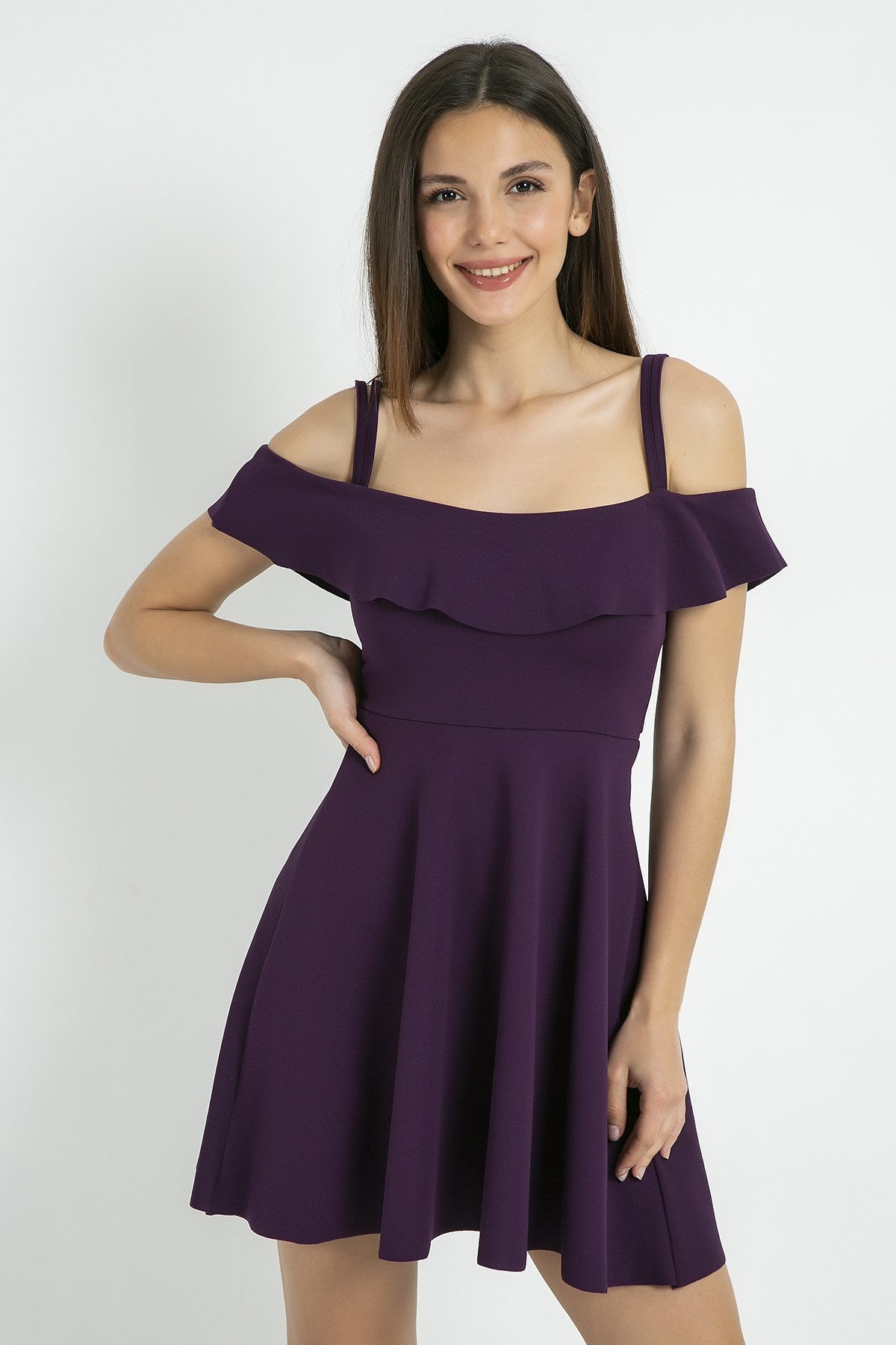 VOLAN DETAYLI ESNEK KUMAŞ ASKILI MOR MİNİ ELBİSE MOR ELBİSE SLEVELESS PURPLE MINI DRESS 4646031890225