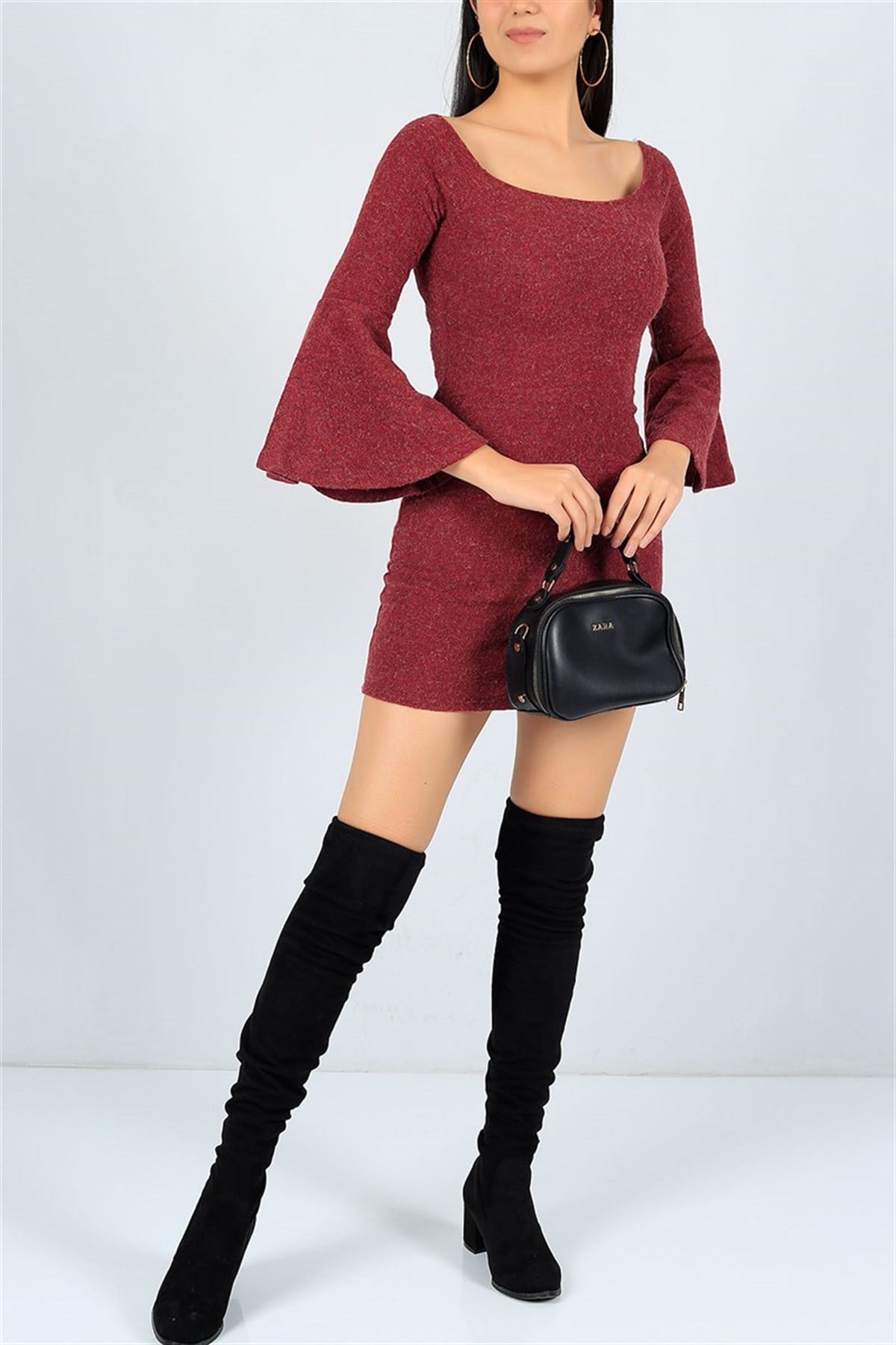 Volanlı Kol Detay Bordo Triko Elbise GÜNLÜK MİNİ ELBİSE TRİKO ELBİSE KNITTED DRESS MD-23192B