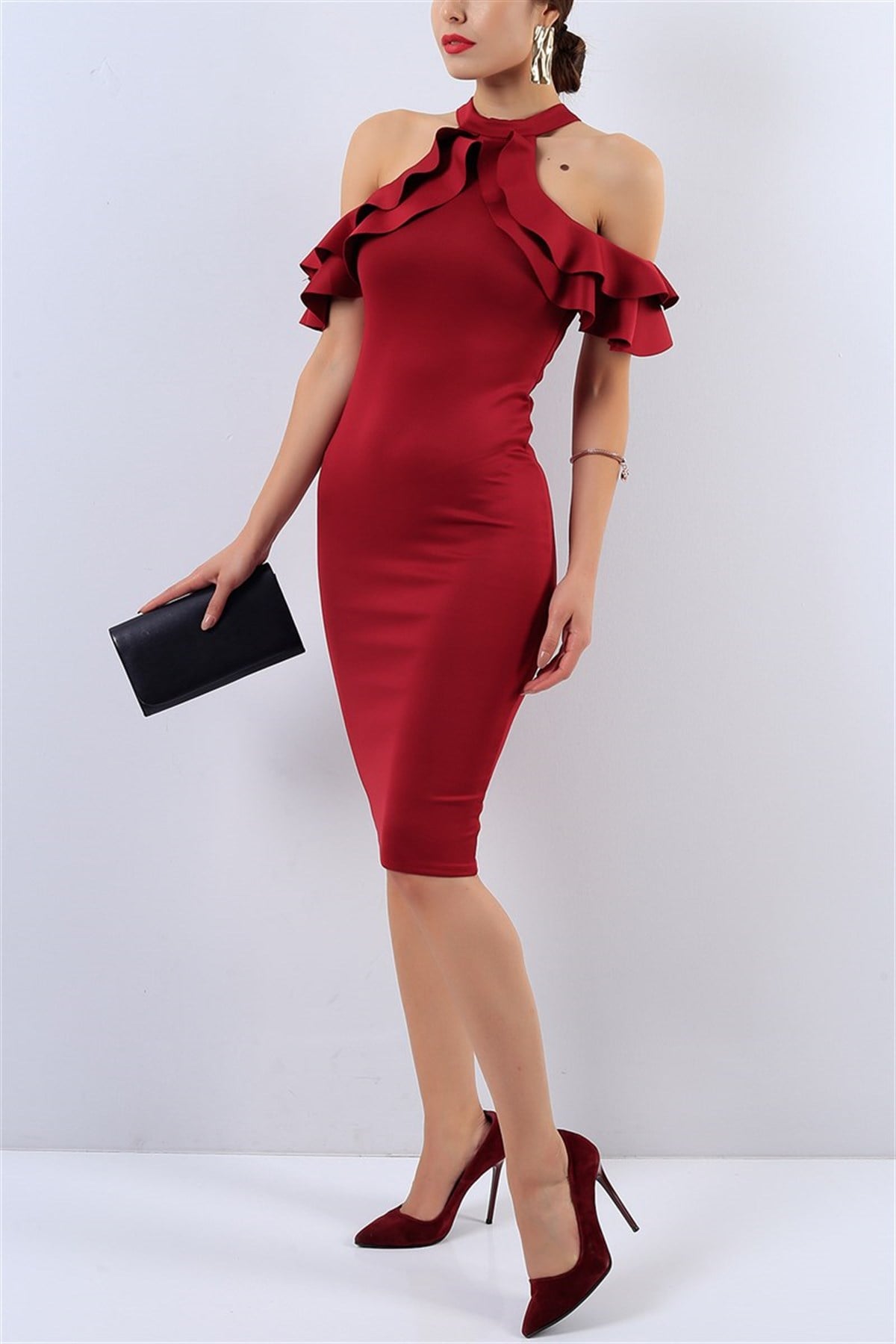 YAKASI VALON DETAYLI ESNEK SCUBA KUMAŞ KOLSUZ BORDO ABİYE ELBİSE BORDO ABİYE ELBİSE SLEVELESS RED DRESS emr-002